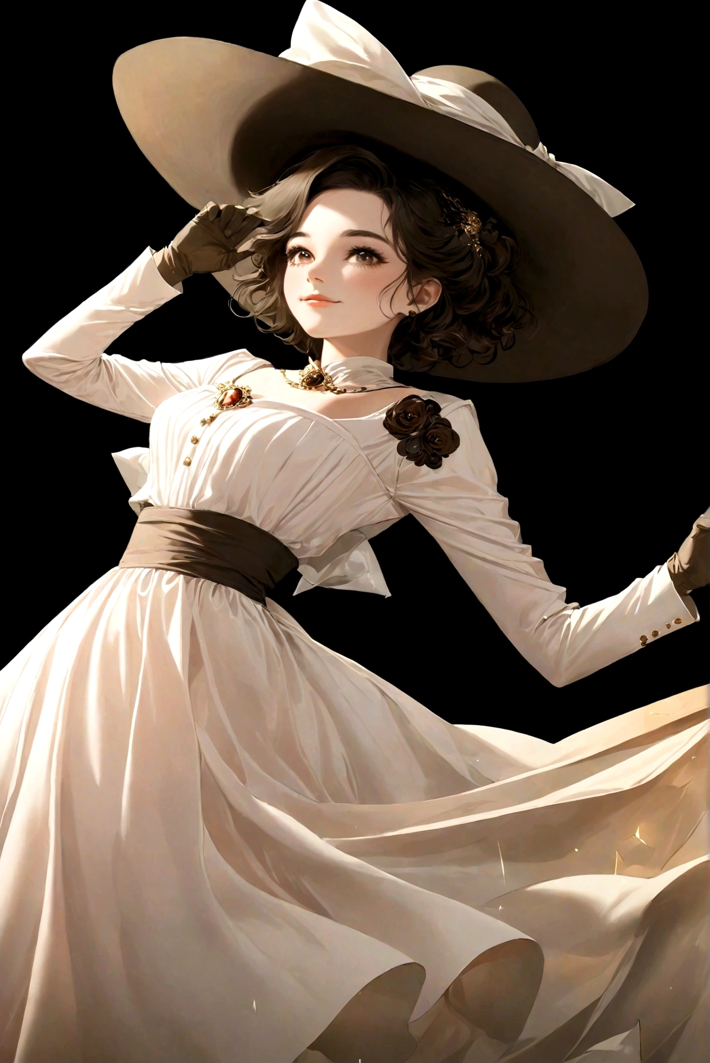 1 Girl,White Dress,Big gray hat,Grey gloves,Jewelry,solo,Simple background