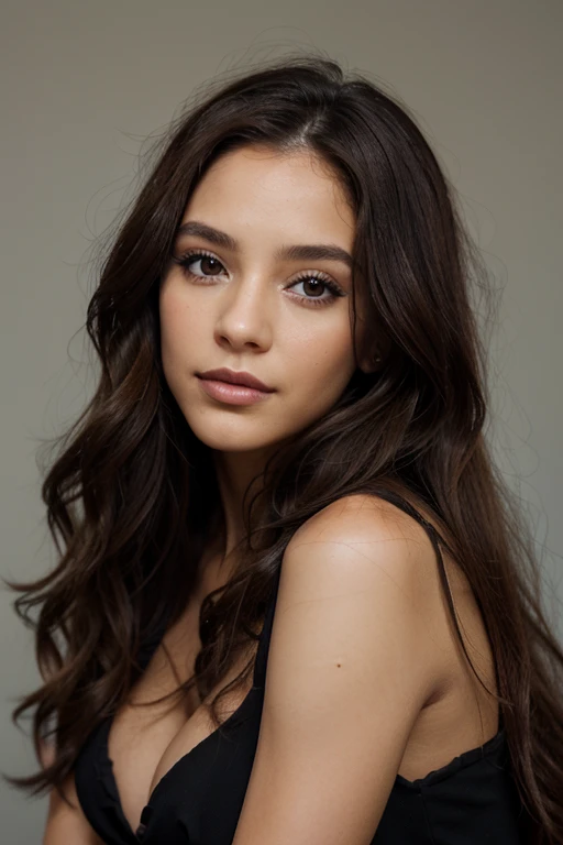 femme de 29 ans, long brown slightly curly hair, hispanic yeux bleus, visage parfait, professional makeup like model, C et portant un haut noir