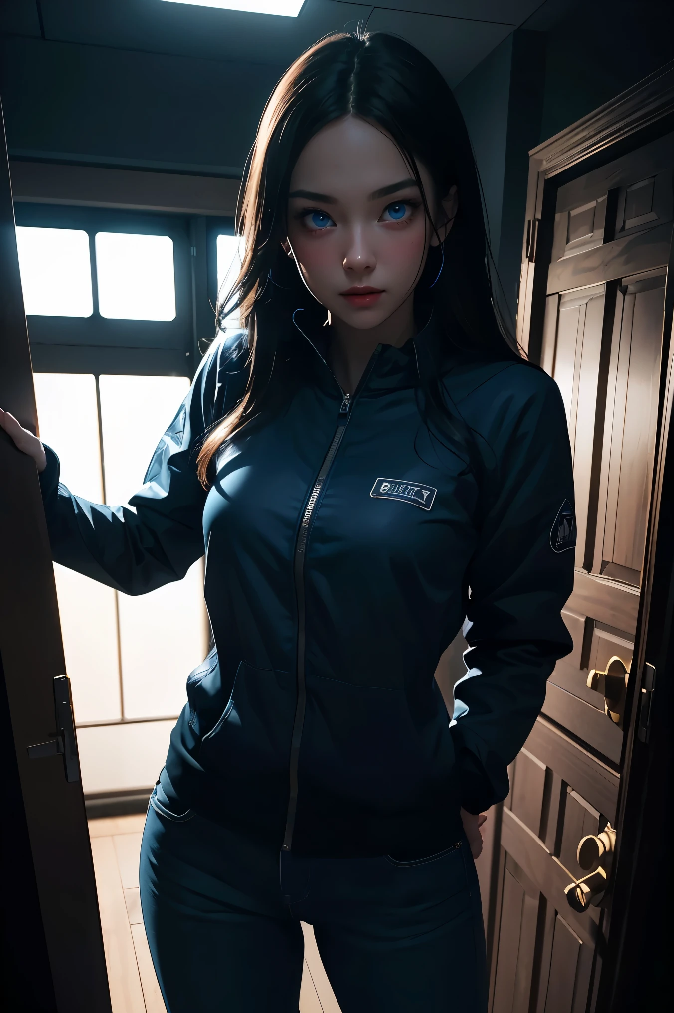 1girl, beautiful 18 year old girl, waering mask, gorgeous blue eyes, cute, ,happy, standing at doorway, private dark office, dark moody lighting, realistic, photorealistic, 8k, best quality, masterpiece, highly detailed, ultra-detailed, physically-based rendering, vibrant colors, dramatic lighting, cinematic