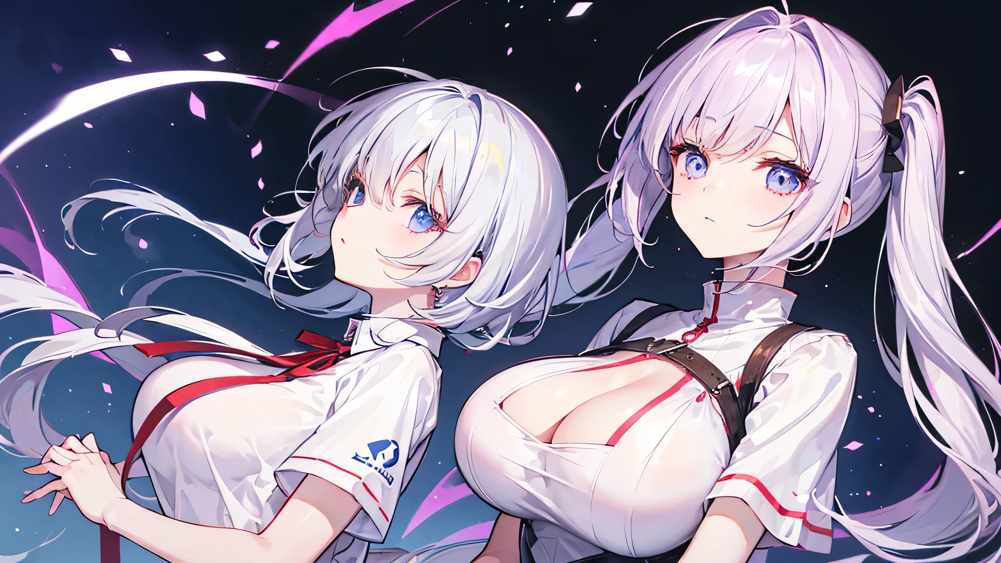 ((Detailed beautiful eyes)),Best Quality,4k,8K,High resolution,Textured Skin,KHD,Best Quality,Lilac gradient hair,Asymmetrical Hair,((my hair is very thick 1.8,The outline of the hair is clear1.6)),Long curly hair、Short pigtails、 Shiny Hair,Beautiful girls、Upper Body、((、Gazing into the distance、Short sleeve、White clothes、Big Breasts、Large Breasts、Big Tits、Low angle camera、))