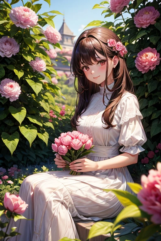 Beautiful brown hair woman holding peony flower in a garden