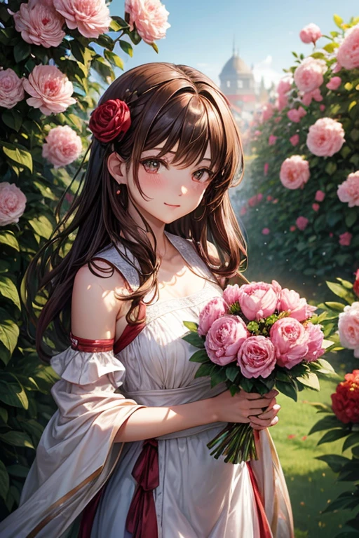 Beautiful brown hair woman holding peony flower in a garden