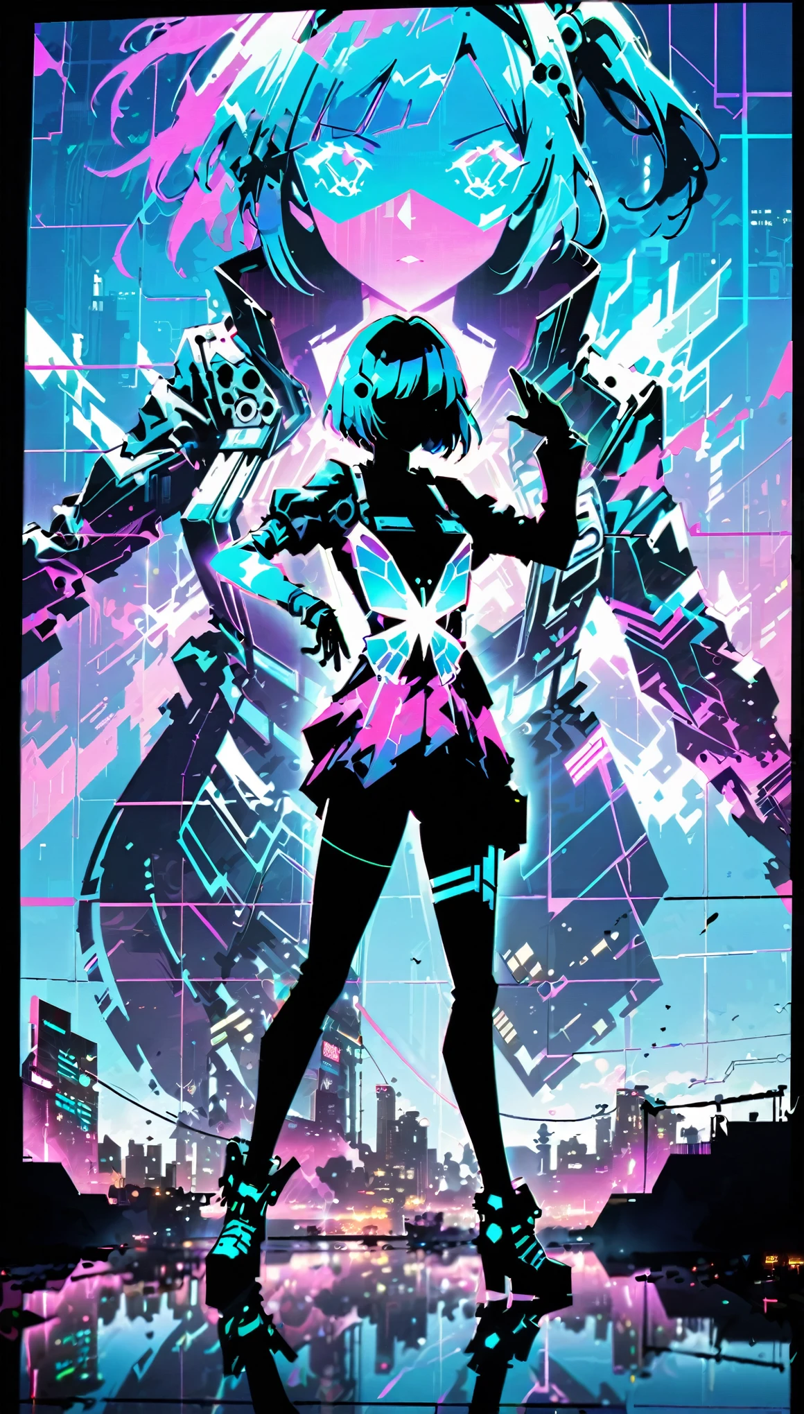 in style of Harry Clarke,(in style of Ashley Wood:1.4), (double exposure:1.4),1 huge silhouette of a girl and eerie projection of a battle city,thrilling footage exposed,cyberpunk vaporwave,holographic projection,(posing，Dynamic Action:1.8),Fractal Art,lighting butterfly