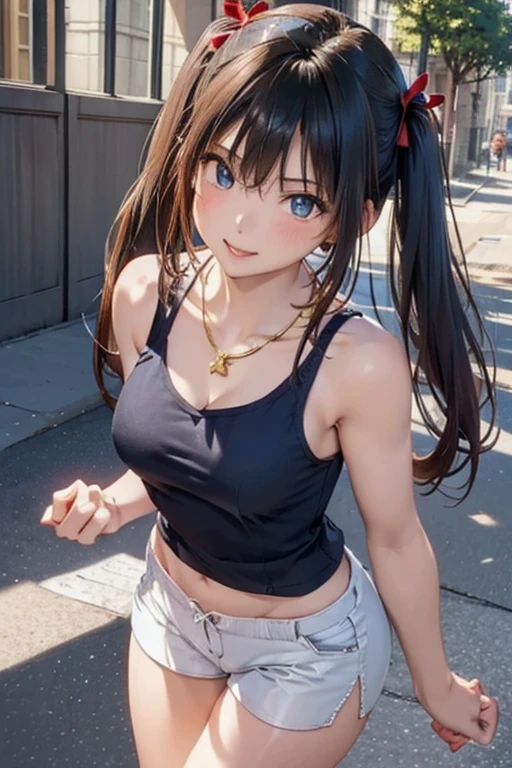 #Basics Girl posing for a photo, animeのかわいい女の子, (((One Girl, , 16 years AK
#Clothing Accessories
((Blue sleeveless shirt, White shorts, sneakers)), ((Gold Necklace, Gold Necklace)),
BREAK
#Features
(Black Hair, (Twin tails : very long + Vertical Roll + Red string ribbon), Hair blowing in the wind),
(Droopy eyes,blue eyes),
(Small breasts),
BREAK
#expression
(Wicked Smile),
#background environment
((noon, A road with cars passing by, bus, street tree)),
#composition
(Walking, One hand behind the head), (Cowboy Shot:1.4),
BREAK
#Body parts elements
(Beautiful Hair,Shiny Hair),
(double eyelid, Long eyelashes),
(Expression of fine eyes, Beautiful and delicate eyes, Sparkling eyes, Eye Reflexes),
(Beautiful Nose, Thin Nose),
(Glossy lips, Beautiful Lips, Thick lips), (Symmetrical facial features),
(Detailed skin, Textured skin, Beautiful Skin),
BREAK
#Quality
(((highest quality)), ((masterpiece)), ((Very detailed))),
((High resolution), (16k,1080p)),
(Realistic), (Anatomically correct),
((comics, anime)), (3DCG), CG illustration,