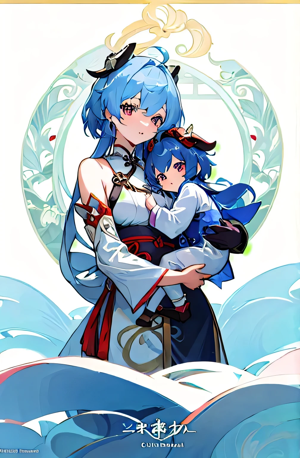 Cartoon image of two women wearing traditional Chinese clothing in winter, cheongsam, Girls wearing Hanfu in the palace, wlop 和 sakimichan, Medium Length Hair, trumpet, Blue-haired deity, Azur Lane Characters, Anime fantasy illustration, From the Azur Lane video game, Genshin Impact, Artwork in the style of Guweiz, Cultivator Detailed Art, Two beautiful anime girls, Mother and child, A symbol of maternal love, Mother and child, For example, photos of mothers and 