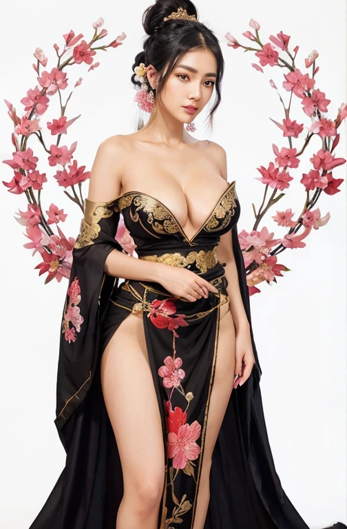 gorgeous oriental woman, black hair in an elaborate hairstyle, elegant embroidered saree, sakura flower embroidery, gold details, full body shot, cleavage, bare shoulders, standing, large breasts, alchemist, strapless dress, vials
, potions, updo, blank background, white background, lulu, ffx