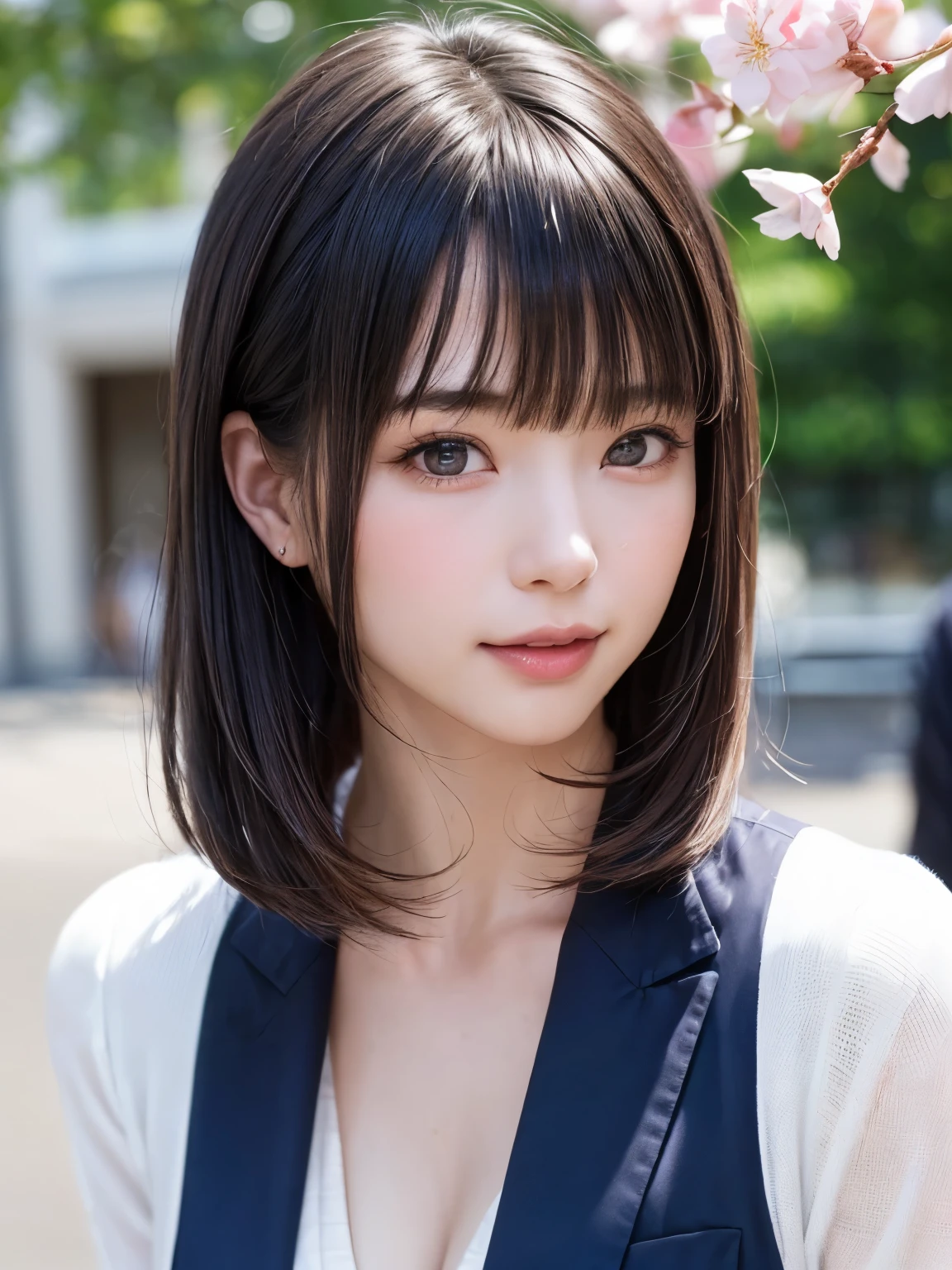 (SFW:1.8、masterpiece, highest quality),1 girl, alone, hyper Realistic, Realistic,Realistic, Looking at the audience, Bright blue-green eyes:1.4,Brunette Short Bob Hair with highly detailed shiny hair, Very delicate and beautiful brightly colored clothing:1.4, Lepangas:1.4), Mouth closed, Upper Body、big chest eye、eyelash、{Huge|big chest|Hugeな|Mega} whole :2, Chest cleavage:2、(((Beautiful and cute bangs:2、Jet Black Hair:2、Add highlights to the eyes:1.4、big chest eye、Short Bob Hair、Glowing Skin:1.4、Looking at the audience、She is very 美しい and cute、Show me your ears、Beautiful long neck、smile、Please close your mouth and laugh、Bangs and beautiful teeth)))、Ideal body type、((school uniform、uniform, blazer、School teacher、Background in front of the school gate、Beautiful cherry blossom tree background))、Beautiful long neck:1.4、(({Huge|big|Huge|Mega} chest, Chest cleavage:2))、(((Portraiture:2、Face close-up:2、Close up of chest:2)))、((Transparency、clear、Transparent beauty、Gloss))、Perfect Anatomy、((Vertical Portrait, Attractive woman))