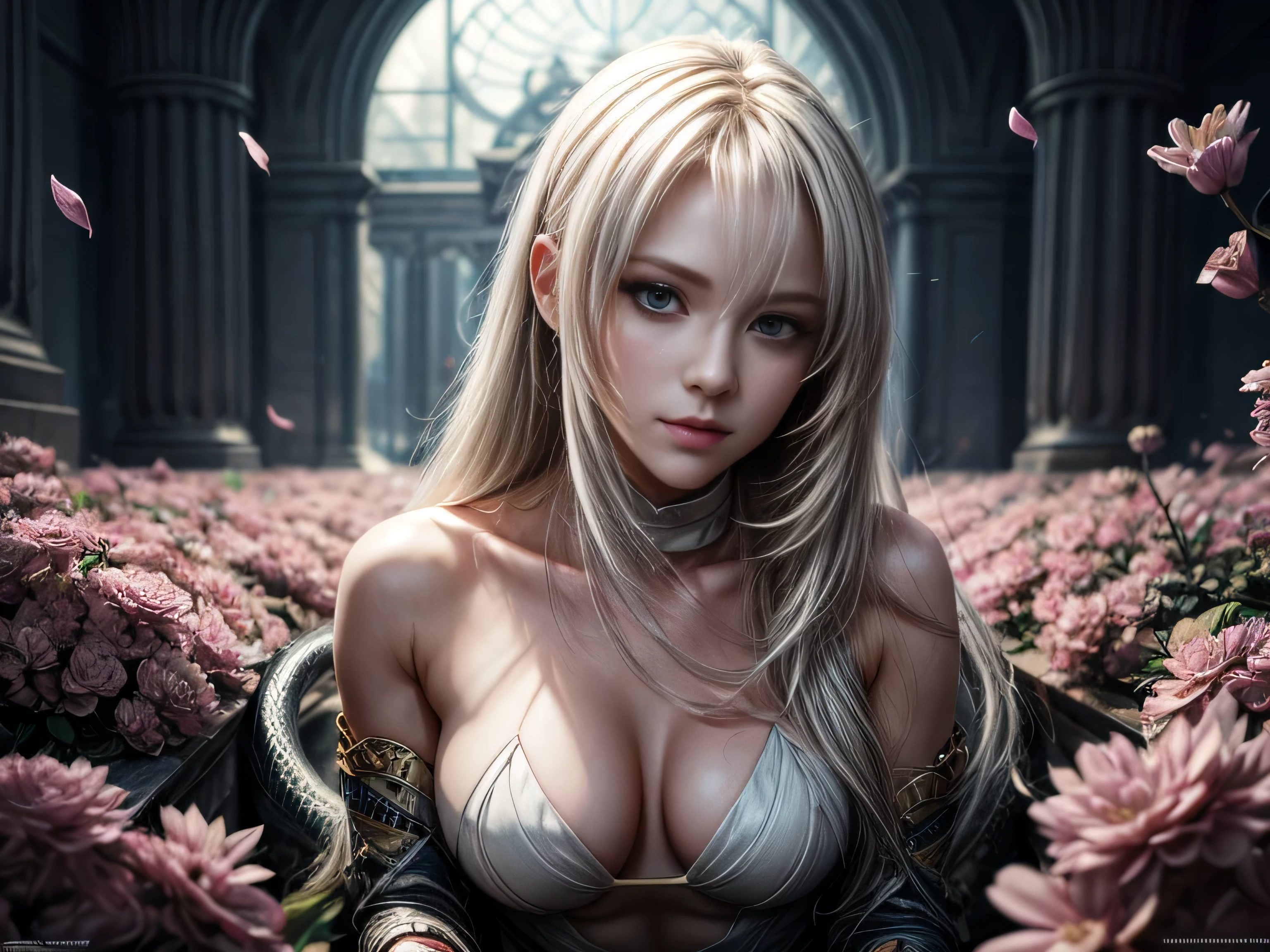 (Best Quality, 8K, Masterpiece, HDR, Soft Lighting, Picture Perfect, Realistic, Bright), White Snake Girl (1.0), Naga Girl (1.0), Snake Girl, Snake Girl with White Hair and Sexy Open Scaled snakecoloredbodysuit, Beautiful Fantasy Anime, Very beautiful and cute snake girl, pink flower petals rain, background blur, anime fantasy, Gouves style work, realistic: 1.37, top view, lying in pink flowers, horizontal view, (ultra high quality fantasy art), masterpiece, female model, ultra high quality design female characters, Detailed 8k anime art, realistic anime art, highest quality wallpaper illustrations, complex ultra high quality accurate female characters faces, high quality design and accurate physics (super high quality fantasy art, dark fantasy style), masterpieces, super high quality characters, anime resolution - 8K, realistic anime art, wallpapers with the highest quality illustrations, ultra-high facial detail, high-quality design and accurate physics), color, depth of field, shadows, ray tracing, high production quality. -high-quality computer wallpapers and 8K resolution, (Accurate simulation of the interaction of light and materials)], [High-quality hair detail [More about beautiful and shiny white hair]], (Beautifully detailed hands [perfect fingers [Perfect nails]]], (perfect anatomy (perfect proportions) ))) [[Full-length]], [Perfect combination of colors (Accurate imitation of the interaction of light and material)], [art that conveys the meaning of the story]