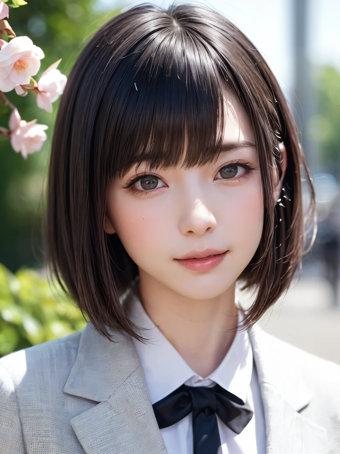 (SFW:1.8、masterpiece, highest quality),1 girl, alone, hyper Realistic, Realistic,Realistic, Looking at the audience, Bright blue-green eyes:1.4,Brunette Short Bob Hair with highly detailed shiny hair, Very delicate and beautiful brightly colored clothing:1.4, Lepangas:1.4), Mouth closed, Upper Body、big chest eye、eyelash、{Huge|big chest|Hugeな|Mega} whole :2, Chest cleavage:2、(((Beautiful and cute bangs:2、Jet Black Hair:2、Add highlights to the eyes:1.4、big chest eye、Short Bob Hair、Glowing Skin:1.4、Looking at the audience、She is very 美しい and cute、Show me your ears、Beautiful long neck、smile、Please close your mouth and laugh、Bangs and beautiful teeth)))、Ideal body type、((school uniform、uniform, blazer、School teacher、Background in front of the school gate、Beautiful cherry blossom tree background))、Beautiful long neck:1.4、(({Huge|big|Huge|Mega} chest, Chest cleavage:2))、(((Portraiture:2、Face close-up:2、Close up of chest:2)))、((Transparency、clear、Transparent beauty、Gloss))、Perfect Anatomy、((Vertical Portrait, Attractive woman))