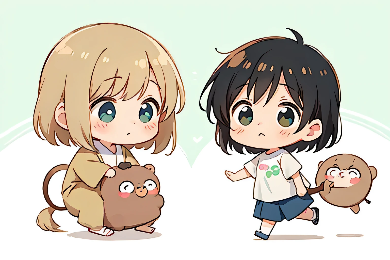 watase Seizo style, Kawaii Design, The most beautiful girl of all time、Chibi, stroll、cute monkeys,