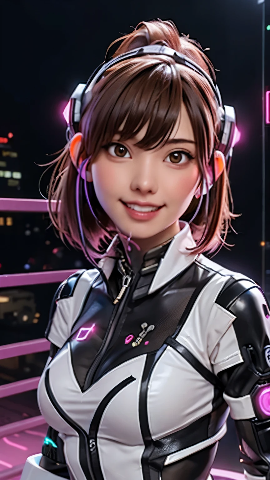 ((cyber punk:1.3)),((Bodysuits)),A ruined future Tokyo:2,Neon sign on background:1.4、(Backlight:1.2),Composition with face in the center, (cowboy shot:1.3),(masterpiece, highest quality),1 girl, alone, hyper Realistic,Realistic,Looking at the audience, Light brown eyes:1.2,long Hair:2,(ponytail),shiny hair, Mouth closed, Glowing Skin:1.2, She is very beautiful and cute, Show your ear, beautiful long neck,(smile), Bangs, Ideal body type, Perfect Anatomy,
