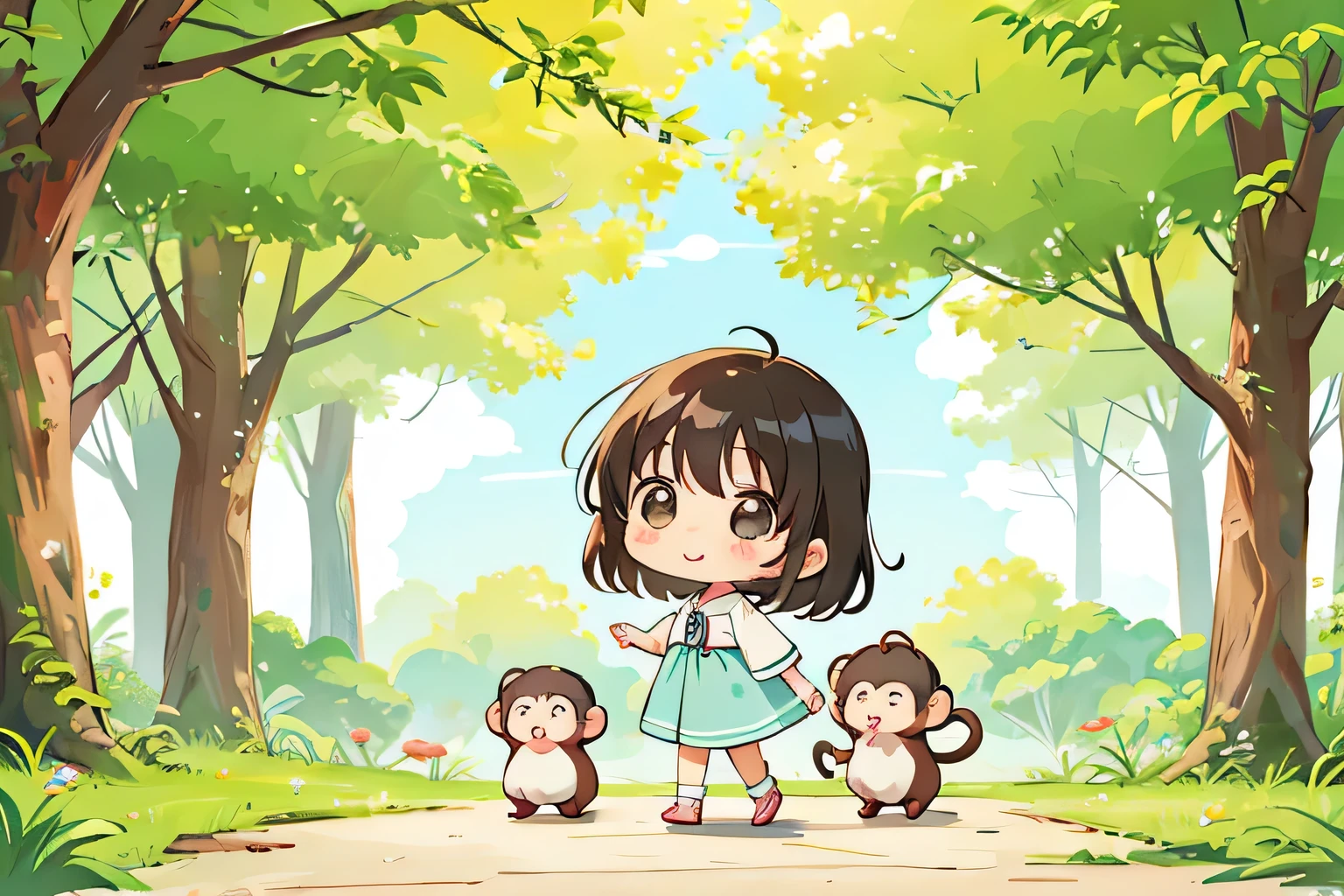 watase Seizo style, Kawaii Design, The most beautiful girl of all time、Chibi, stroll、cute monkeys, 