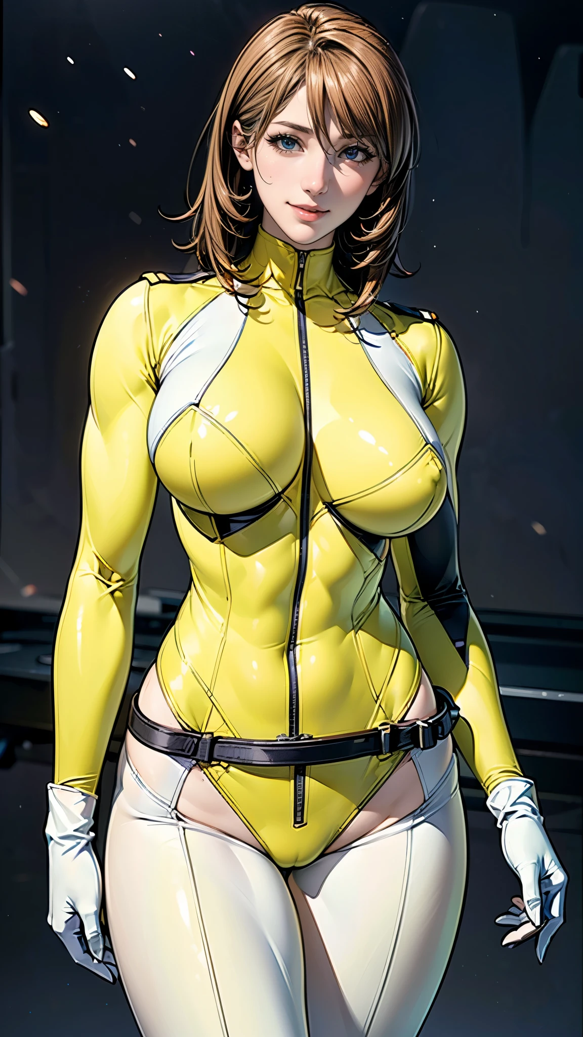 (masterpiece),(highest quality),(Very detailed),(High resolution),(Photorealistic Stick),(Realistic),(8k),(((SFW:1.5))),wallpaper,Perfect lighting,BREAK(One Woman),((MoriYuki:1.5)),(MoriBodysuit, yellow bodysuit, belt:1.5),(MoriUniform, white gloves, military uniform, brown jacket, ascot, belt:1.5),(22 years old),(((Extremely form fitting bodysuit:1.5))),(((Very detailedなボディスーツの描画:1.5))),(Beautiful Eyes:1.5),(Detailed face drawing:1.5),(Detailed face drawing:1.5),((Very detailedな女性の手:1.5)),(Shiny skin:1.0),(((Very muscular:1.5))),((Big Breasts:1.5)),(Fleshy),(((Thick thighs:1.5))),(Sensual body),(black background:1.5),(((Blur the background:1.5))),(((model posing:1.5))),(((Warm-Smile:1.5)))