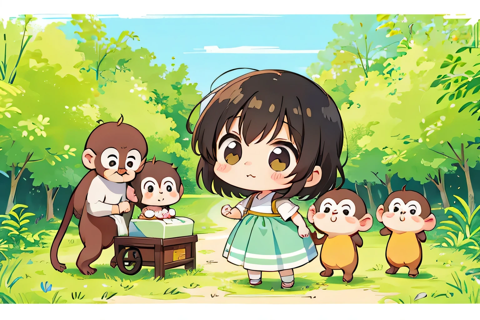 watase Seizo style, Kawaii Design, The most beautiful girl of all time、Chibi, Stroll on shoulders、cute monkeys,