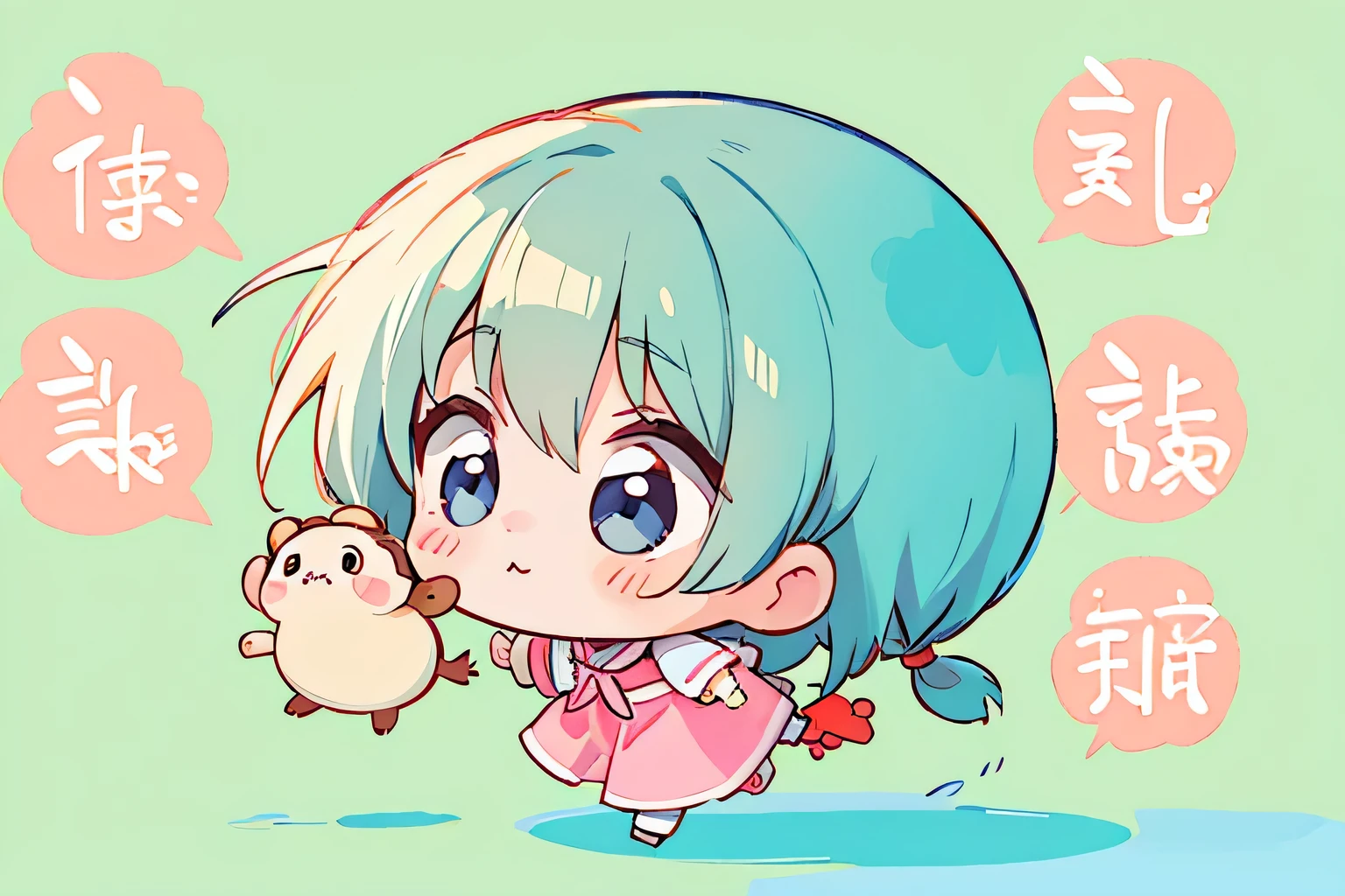 watase Seizo style, Kawaii Design, The most beautiful girl of all time、Chibi, Stroll on shoulders、cute monkeys,