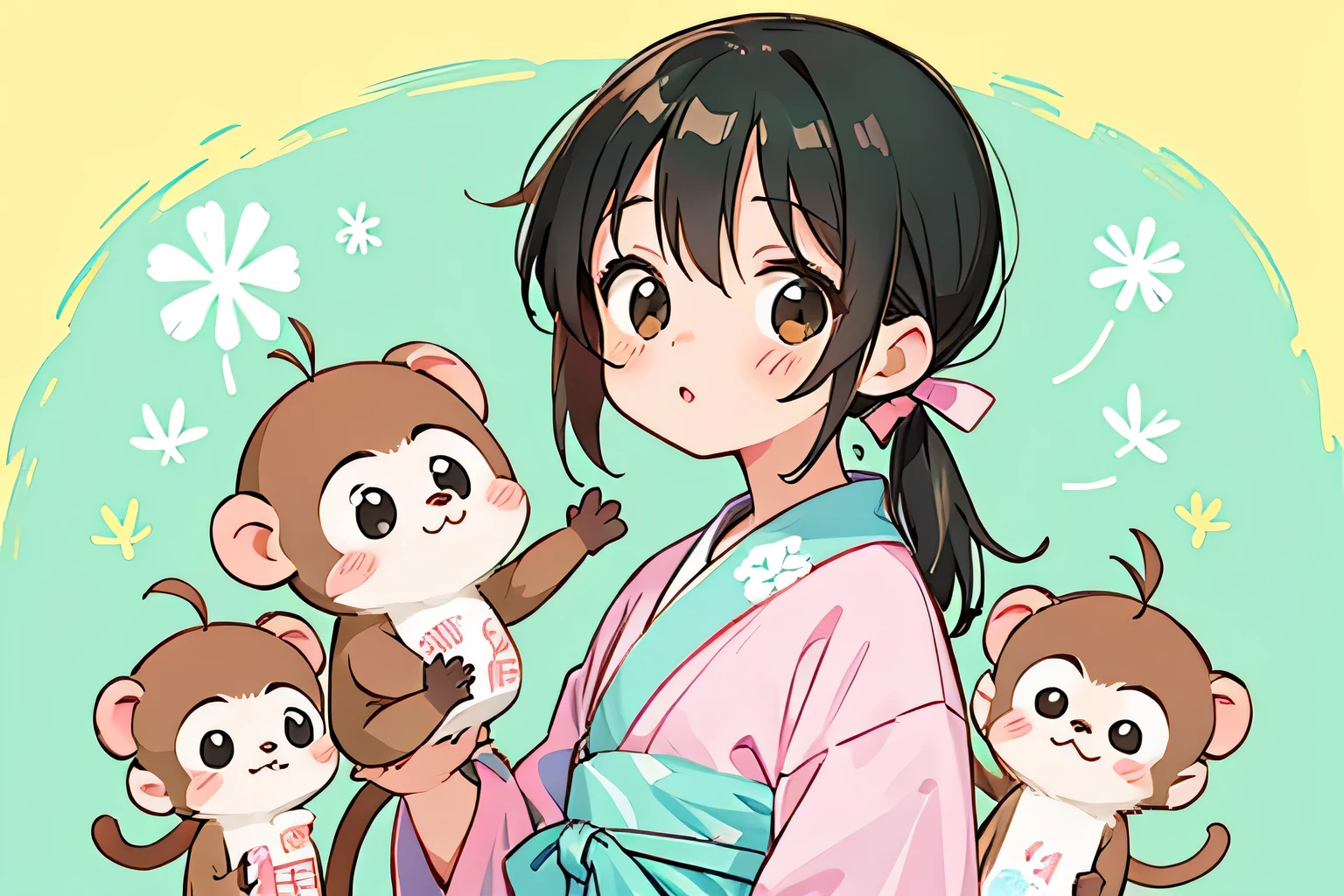 watase Seizo style, Kawaii Design, The most beautiful girl of all time、Chibi, Stroll on shoulders、cute monkeys,