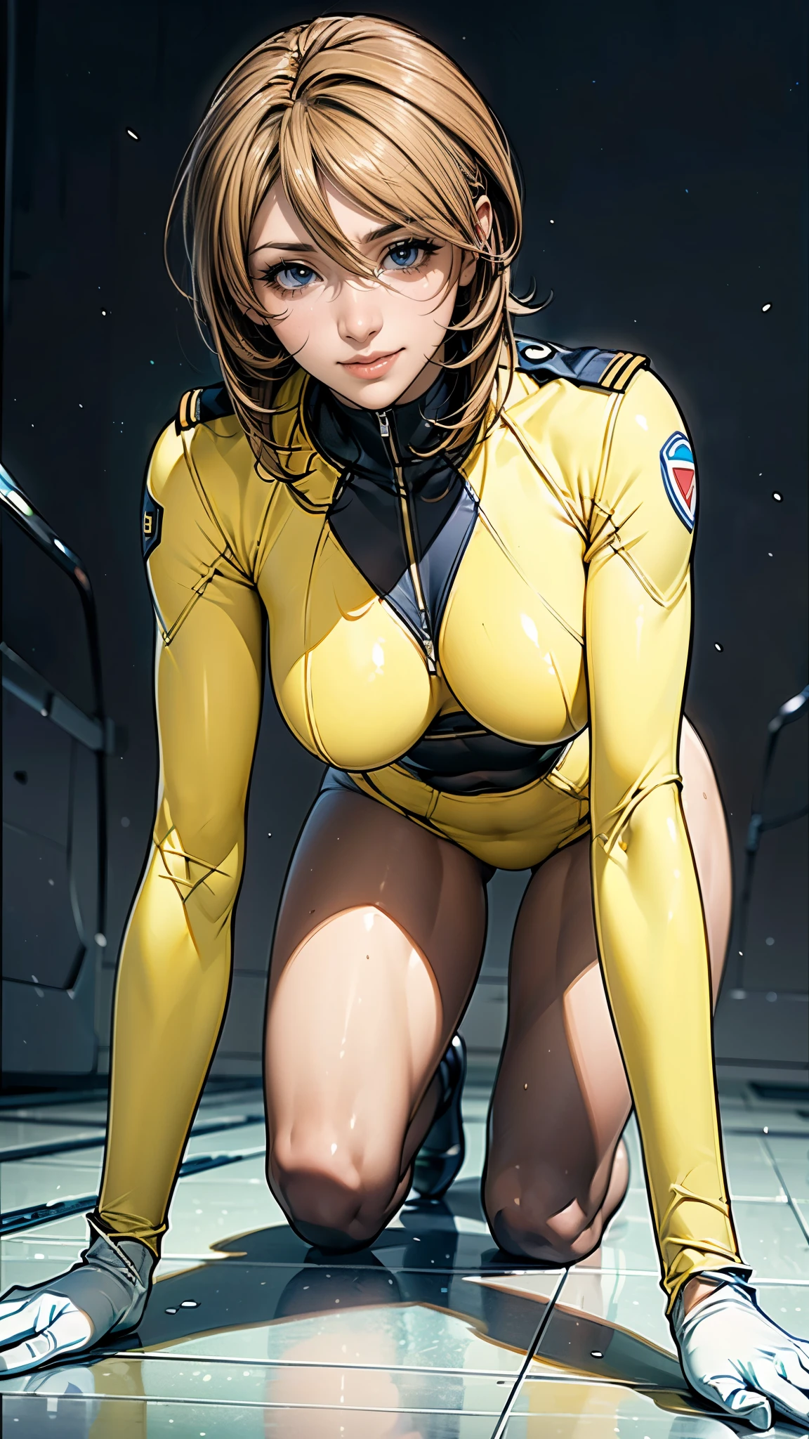 (masterpiece),(highest quality),(Very detailed),(High resolution),(Photorealistic Stick),(Realistic),(8k),(((SFW:1.5))),wallpaper,Perfect lighting,BREAK(One Woman),((MoriYuki:1.5)),(MoriBodysuit, yellow bodysuit, belt:1.5),(MoriUniform, white gloves, military uniform, brown jacket, ascot, belt:1.5),(22 years old),(((Extremely form fitting bodysuit:1.5))),(((Very detailedなボディスーツの描画:1.5))),(Beautiful Eyes:1.5),(Detailed face drawing:1.5),(Detailed face drawing:1.5),((Very detailedな女性の手:1.5)),(Shiny skin:1.0),(((Very muscular:1.5))),((Big Breasts:1.5)),(Fleshy),(((Thick thighs:1.5))),(Sensual body),(black background:1.5),(((Blur the background:1.5))),(((on all fours:1.5))),(((Warm-Smile:1.5)))