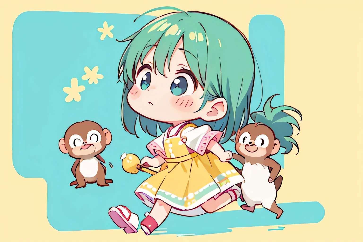 watase Seizo style, Kawaii Design, The most beautiful girl of all time、Chibi, Stroll on shoulders、cute monkeys,