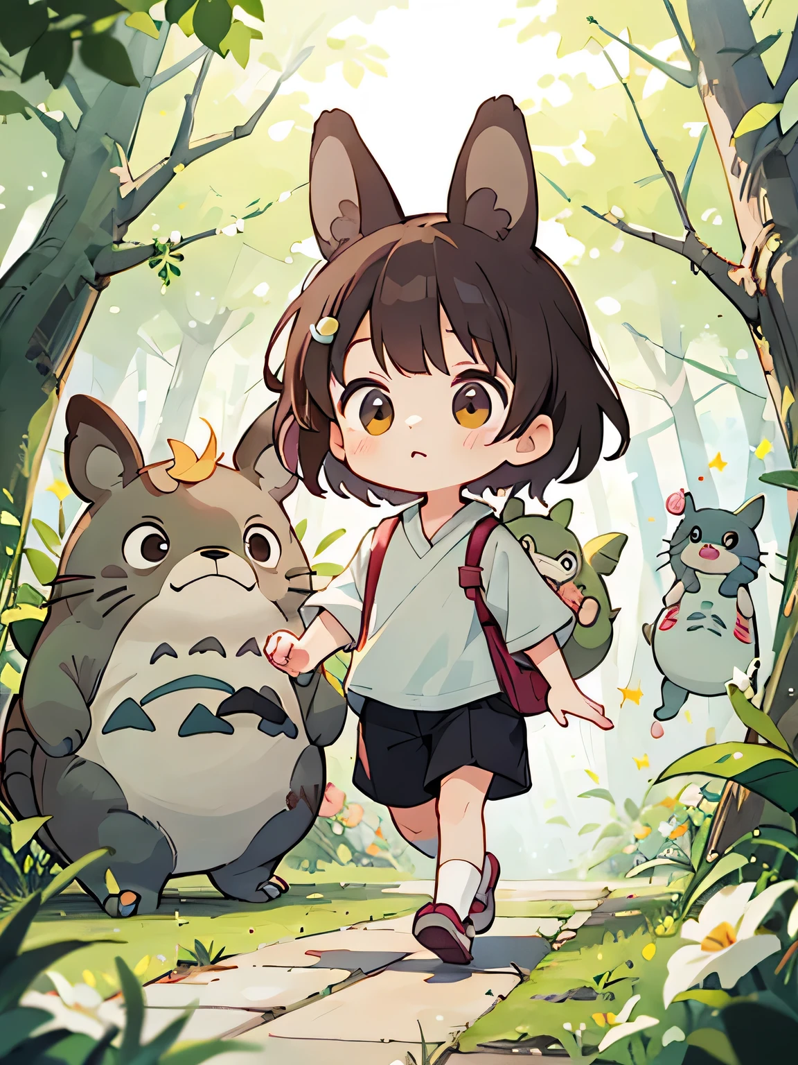 My Neighbor Totoro Style, Kawaii Design, (((10 people)))、most beautiful girl ever、Chibi, ((Walking))、Totoro Forest