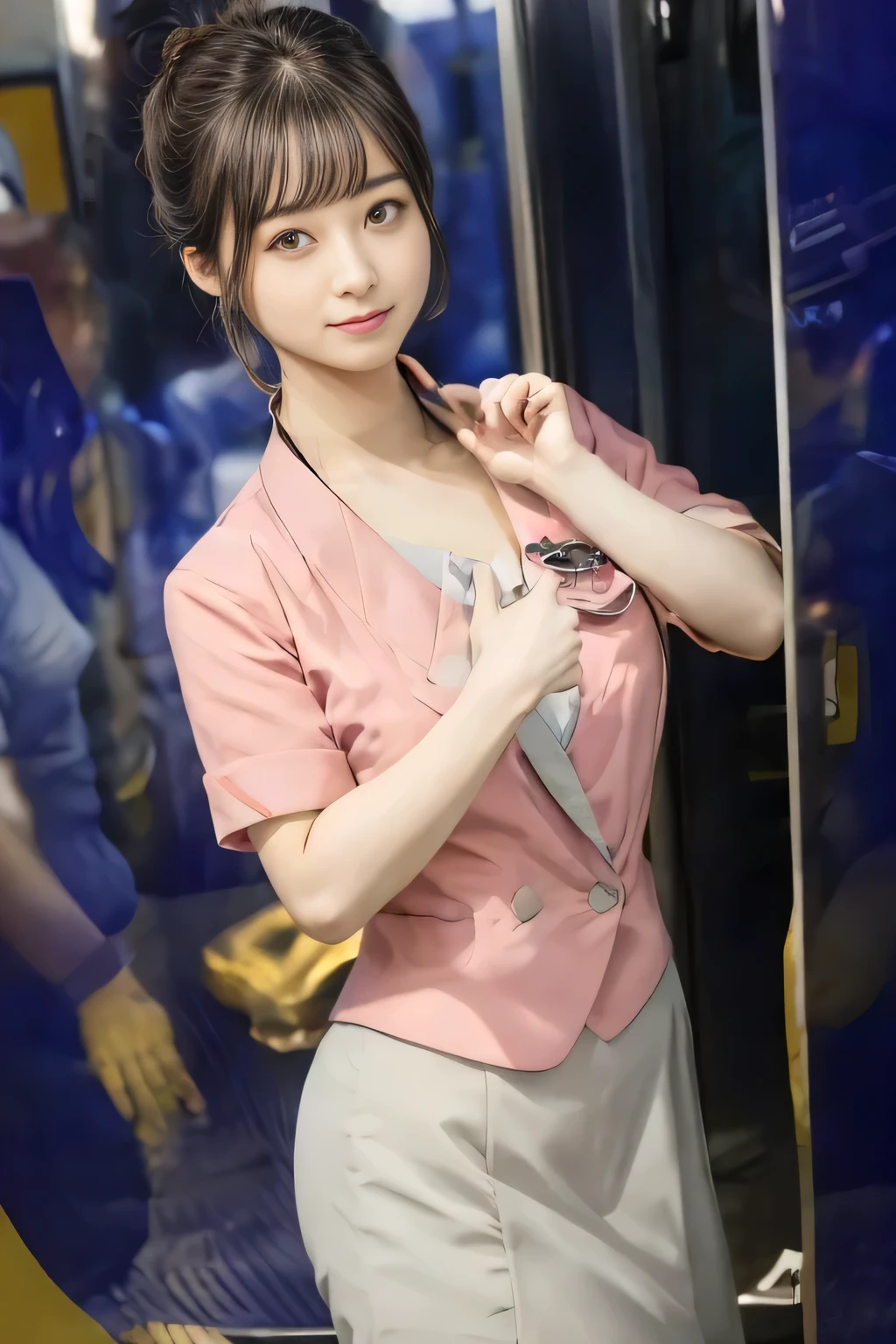 (masterpiece:1.2, highest quality:1.2), 32K HDR, High resolution, (alone、1 girl)、（On the rooftop of a building in the daytime、Professional Lighting）、Building rooftop background、（Nankai train crew uniform pinkを着たリアルスタイル）、（Nankai train crew uniform pink short sleeve collarless pink jacket、Nankai Train Crew Uniform Pink Collarless Short Sleeve Blouse、Nankai Train Crew Uniform Pink Grey Knee-length Culottes）、（（The bottom of the pink short-sleeved jacket cannot be tucked into the clay-colored culottes.））、Dark brown hair、（Hair tied up、Hair Bun、Hair Bun）、Dark brown hair、Long Shot、Big Breasts、Thin legs、（（Great hands：2.0）），（（Harmonious body proportions：1.5）），（（Normal limbs：2.0）），（（Normal finger：2.0）），（（Delicate eyes：2.0）），（（Normal eyes：2.0））)、smile、（Nankai Train Crew Uniform Pink Grey Knee-length Culottesを見せた美しい立ち姿）、Holding hands