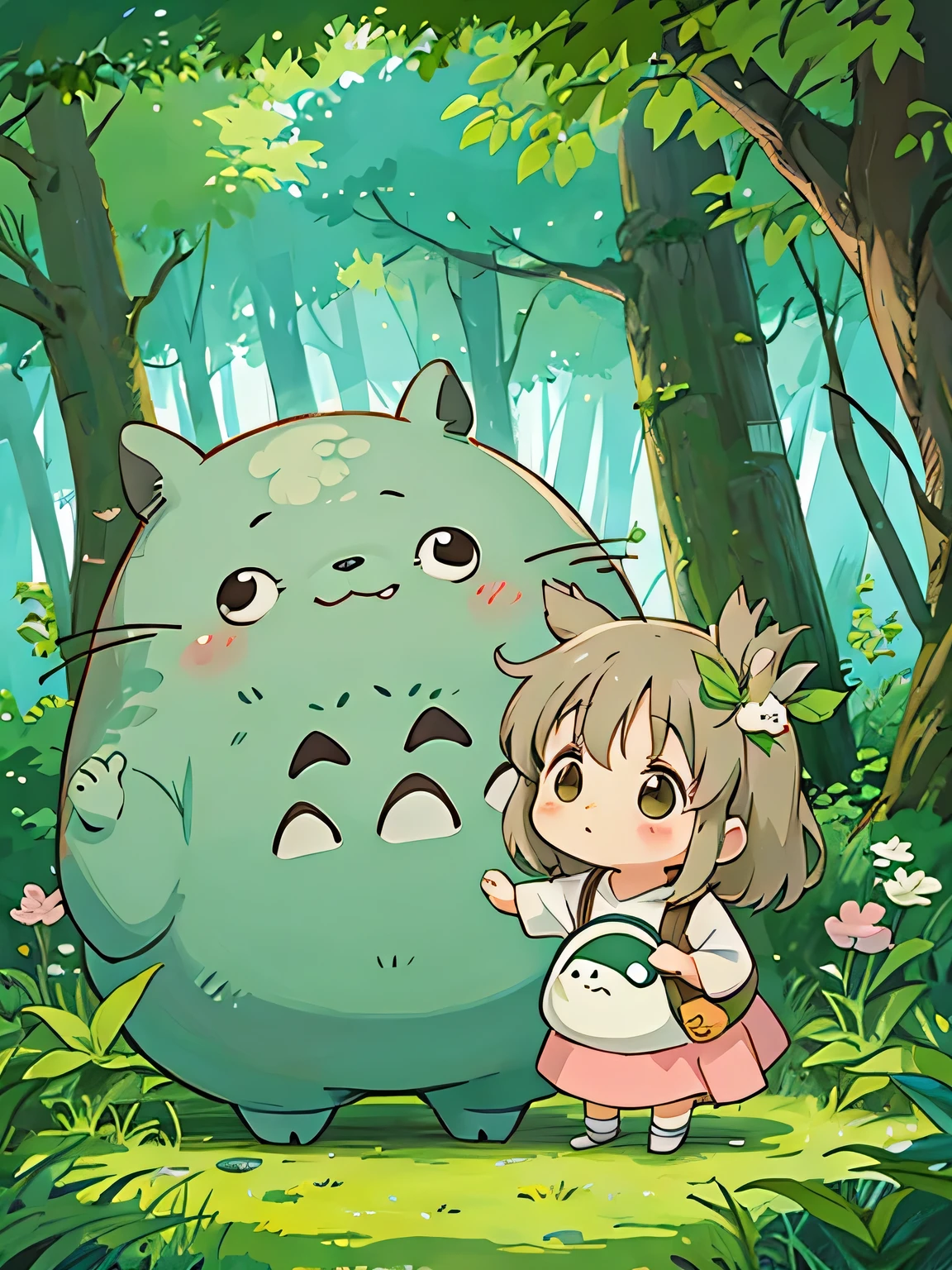 Hayao Miyazaki style, Kawaii Design, The most beautiful girl of all time、Chibi, hug、Totoro Forest