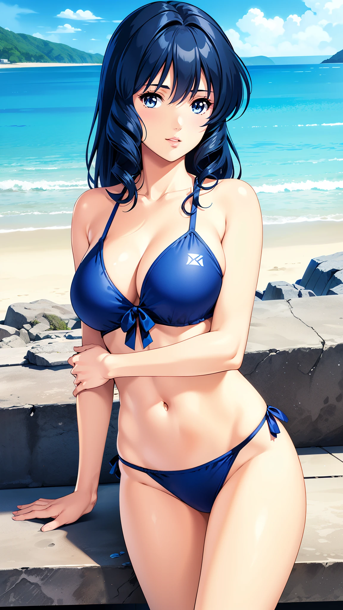 LynnMinmay, 1girl, solo, black hair, cowboy shot, ultra-detailed, best quality, masterpiece, illustration, game cg, beach, swimsuit