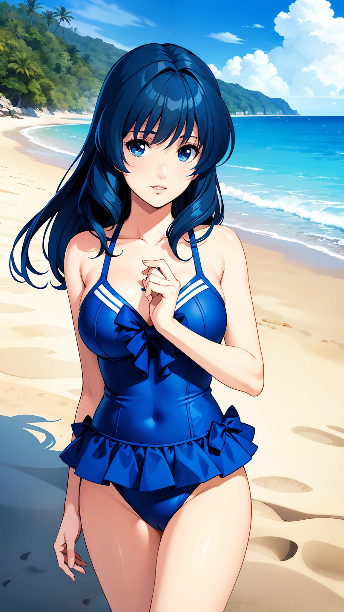 LynnMinmay, 1girl, solo, black hair, cowboy shot, ultra-detailed, best quality, masterpiece, illustration, game cg, beach, swimsuit