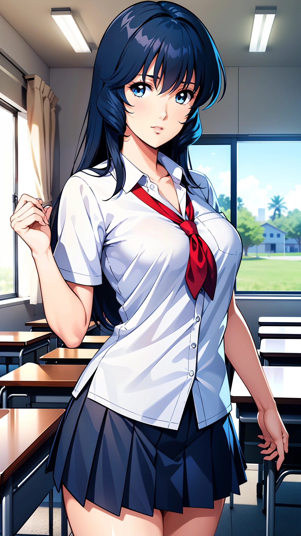 LynnMinmay, 1girl, solo, black hair, cowboy shot, ultra-detailed, best quality, masterpiece, illustration, game cg, school shirt, pleated miniskirt, classroom