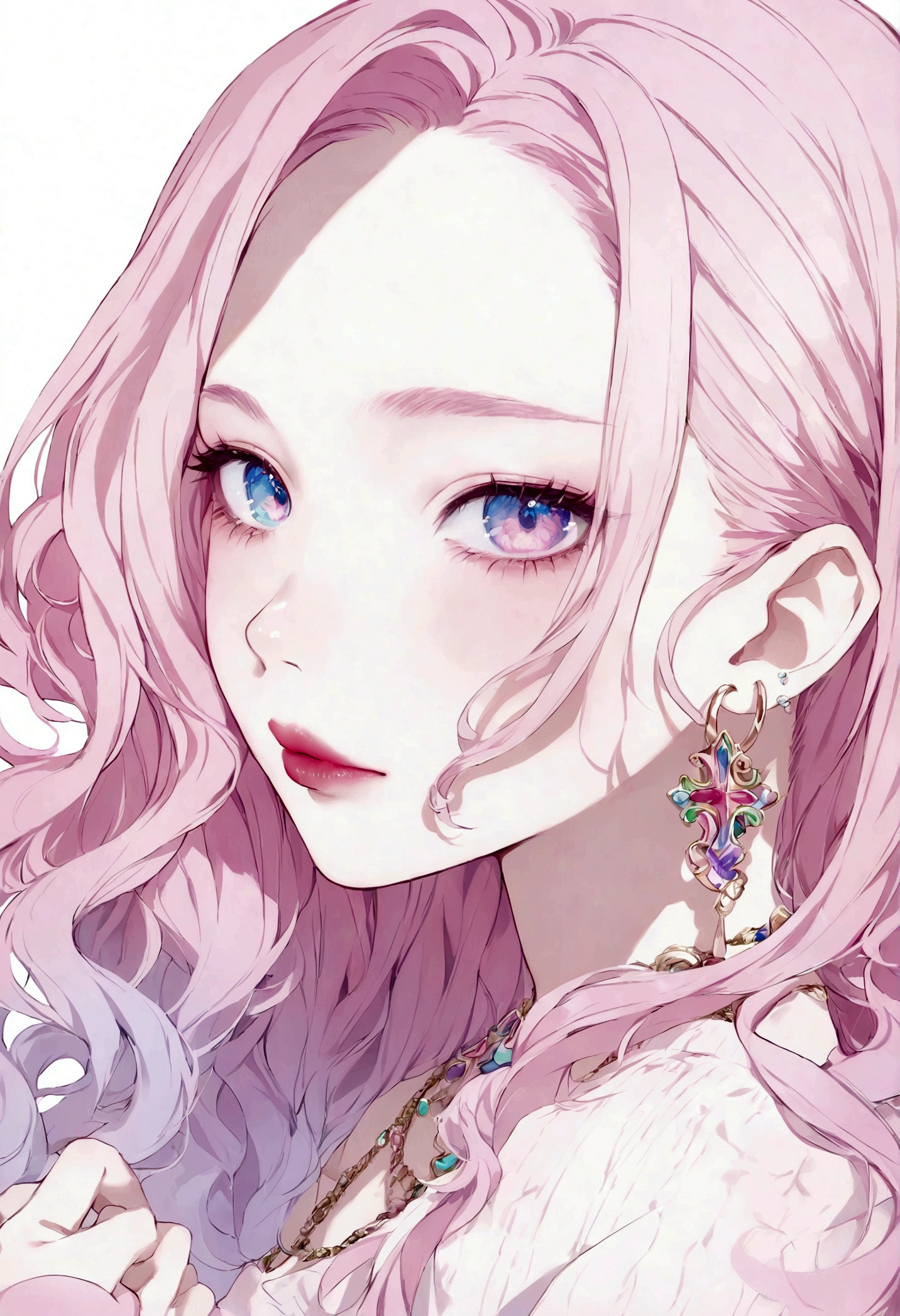 rainbow, One Girl, alone,Super cute, Long Hair, View Viewer, Blue Eyes Background, White Background, jewelry, Mouth closed, Jacket, Upper Body, Pink Hair, Earrings, Pink Eyes, necklace, From the side, sweater, lips, eyelash, compensate, Wavy Hair, Earrings, cross, lipstick, 耳のEarrings, eye shadow, hoop Earrings, ピンクのlips, Variegated eyes, Pink Theme, , ピンクのeye shadow,