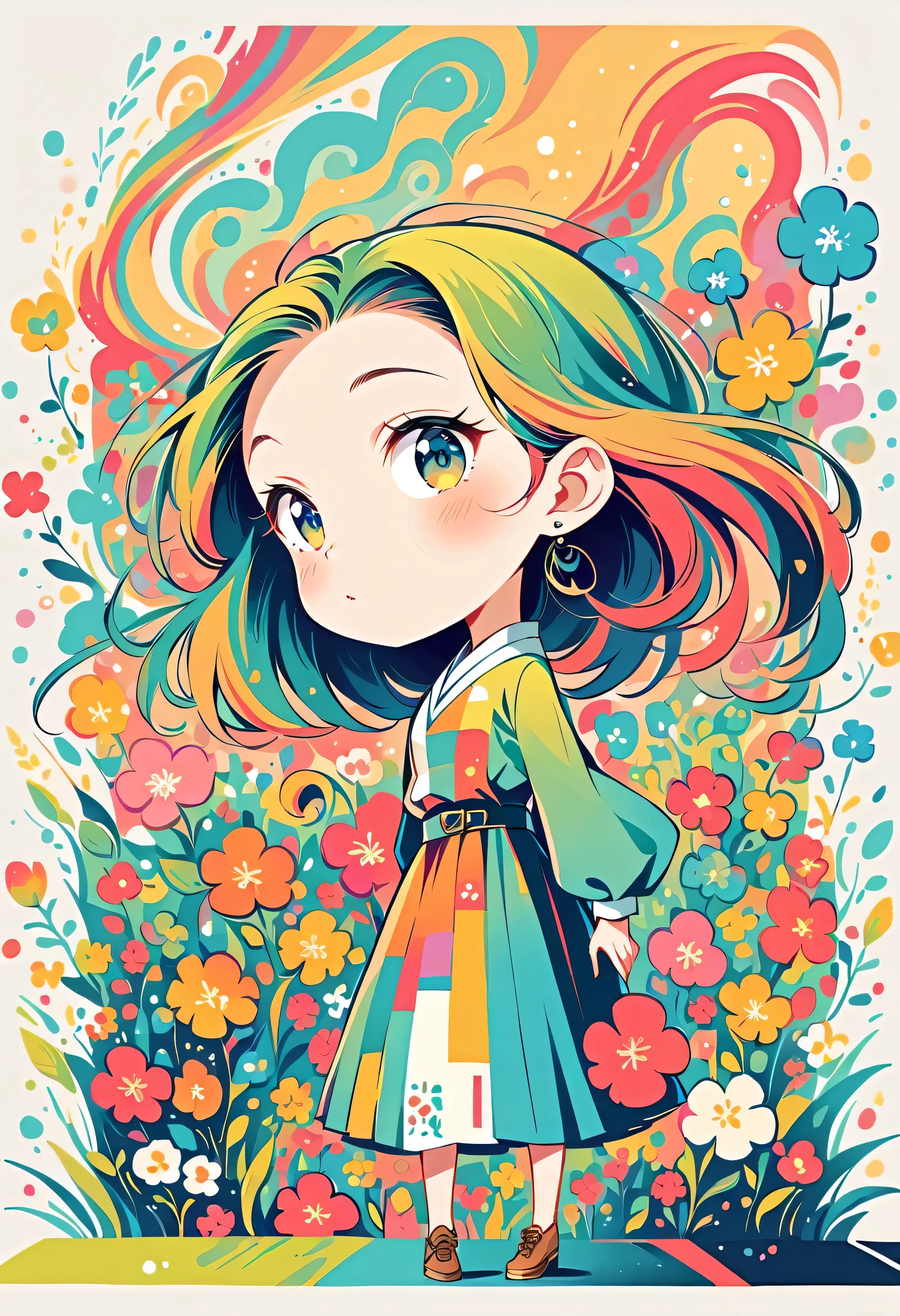 Watase Seizo style, Standing in front of a high wall，Simple Line Initialism，Abstract art，((Urban Background)), (((The most beautiful girl))), colorful flowers