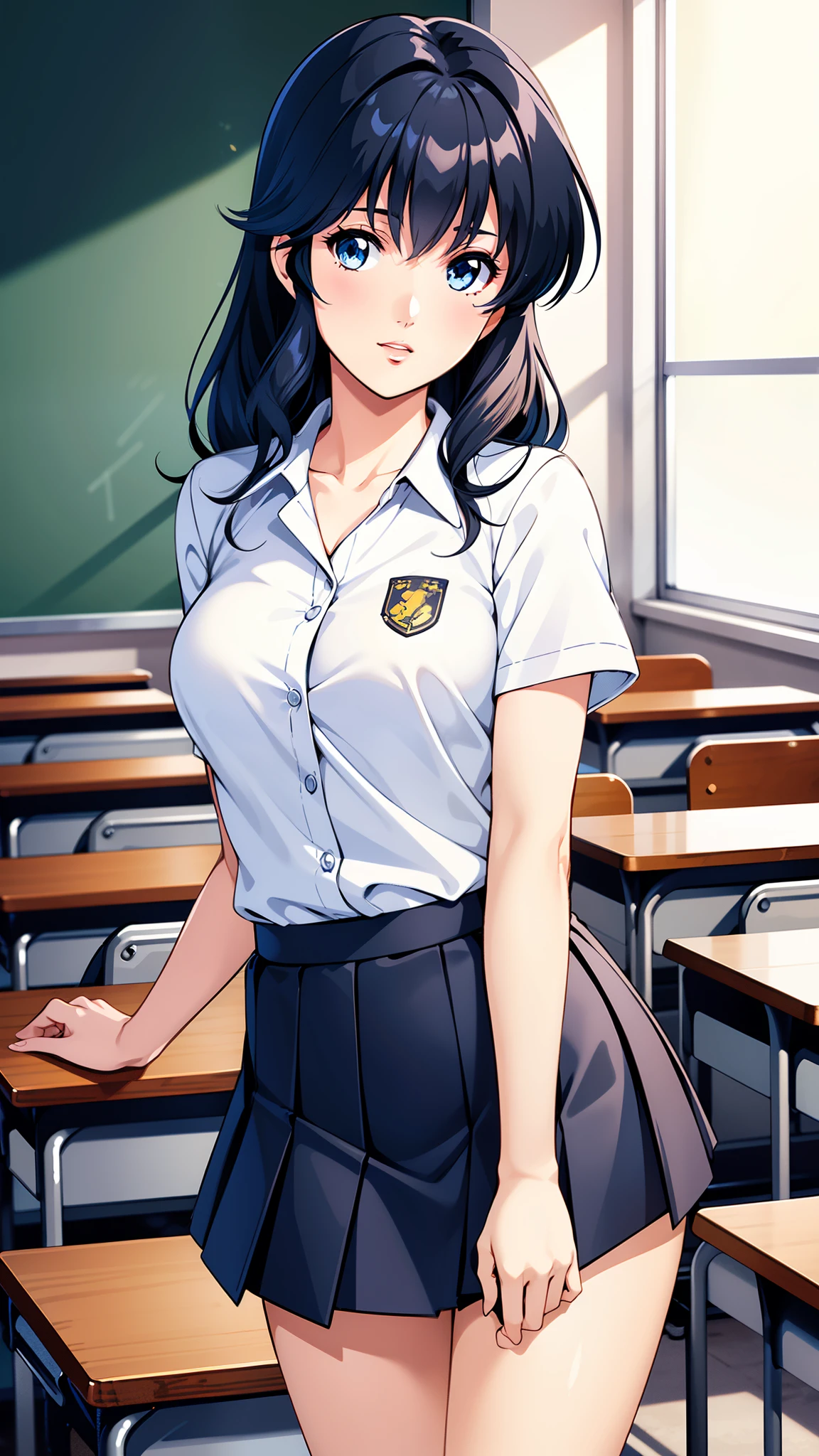 LynnMinmay, 1girl, solo, black hair, cowboy shot, ultra-detailed, best quality, masterpiece, illustration, game cg, school shirt, pleated miniskirt, classroom