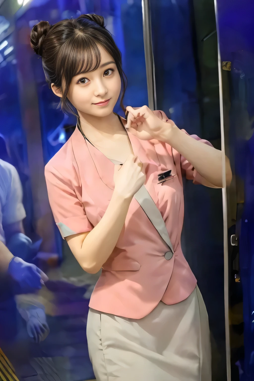 (masterpiece:1.2, highest quality:1.2), 32K HDR, High resolution, (alone、1 girl)、(On the rooftop of a building in the daytime、Professional Lighting)、Building rooftop background、(Nankai train crew uniform pinkを着たリアルスタイル)、(Nankai train crew uniform pink short sleeve collarless pink jacket、Nankai Train Crew Uniform Pink Collarless Short Sleeve Blouse、Nankai Train Crew Uniform Pink Grey Knee-length Culottes)、Dark brown hair、(Hair tied up、Hair Bun、Hair Bun)、Dark brown hair、Long Shot、Big Breasts、Thin legs、((Great hands:2.0)),((Harmonious body proportions:1.5)),((Normal limbs:2.0)),((Normal finger:2.0)),((Delicate eyes:2.0)),((Normal eyes:2.0)))、smile、(Nankai Train Crew Uniform Pink Grey Knee-length Culottesを見せた美しい歩く姿)、Place your hands around your stomach,Lanyard employee ID card