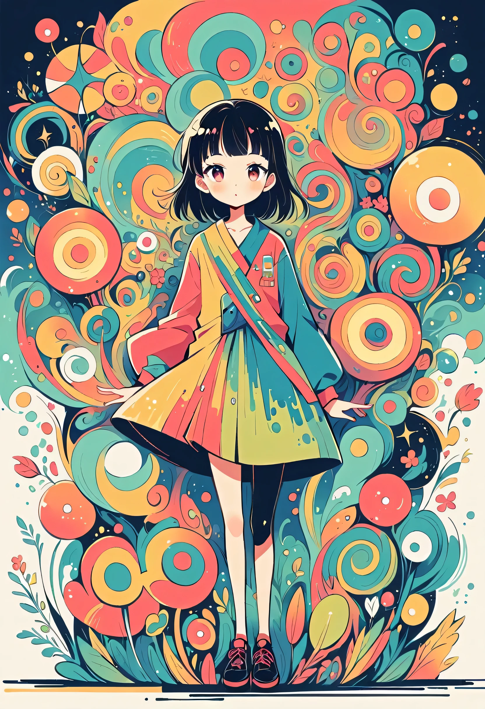 Watase Seizo style, Standing in front of a high wall,Simple Line Initialism,Abstract art,((Urban Background)), (((The most beautiful girl))), colorful flowers