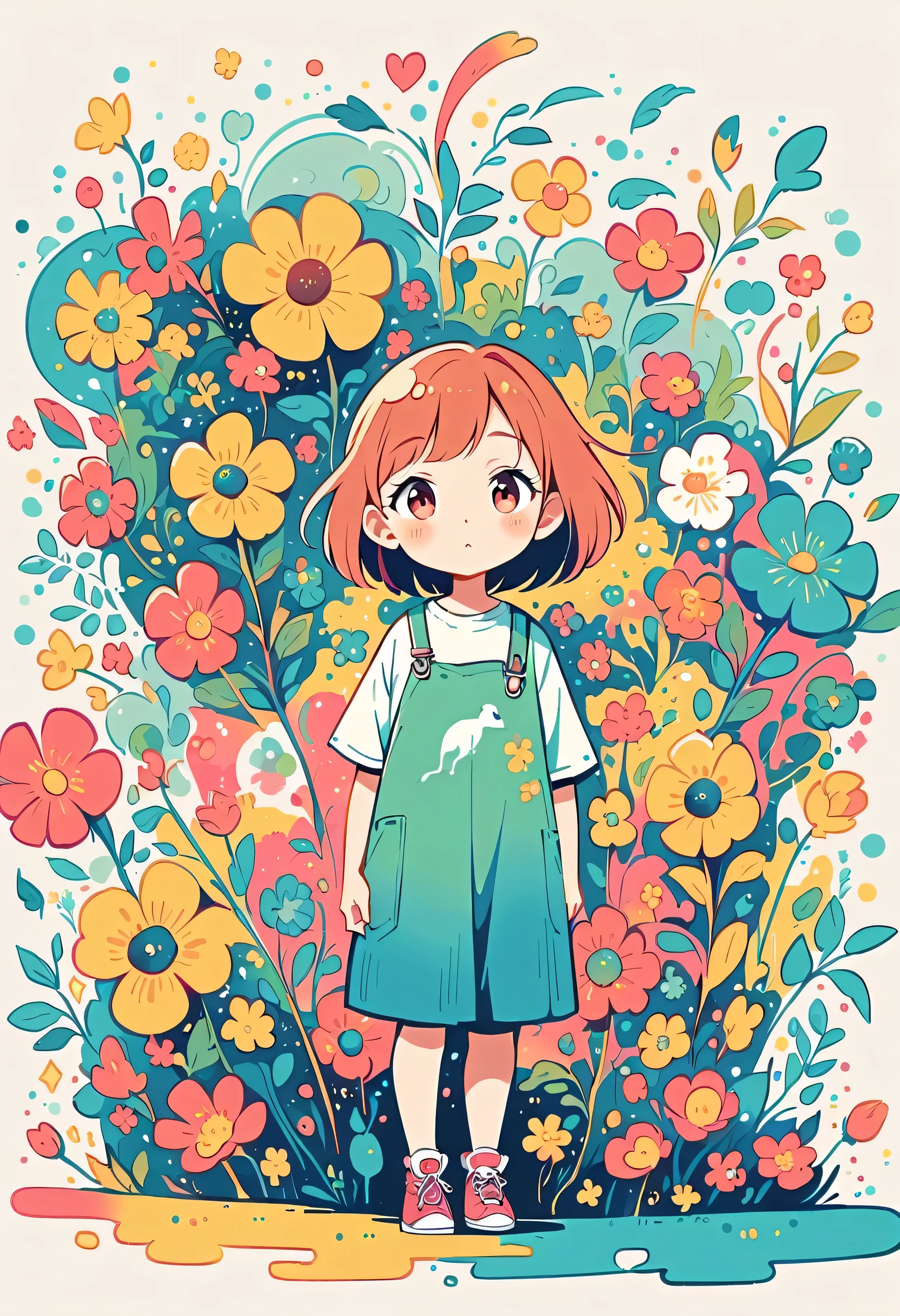 Watase Seizo style, Standing in front of a high wall,Simple Line Initialism,Abstract art,((Urban Background)), (((The most beautiful girl))), colorful flowers
