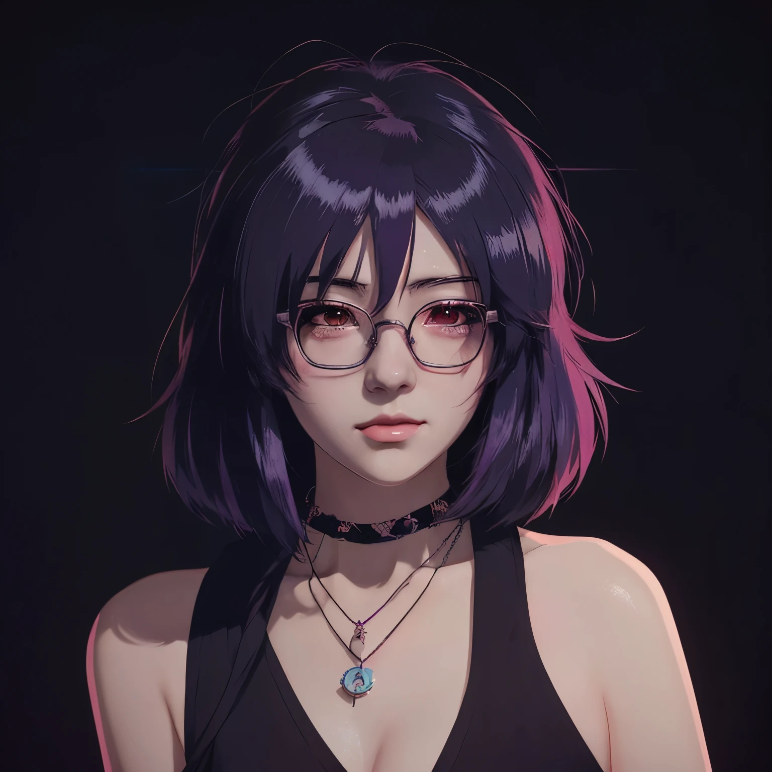 anime girl with glasses and a necklace in a dark room, artwork in the style of guweiz, anime style. 8k, 8 0 s anime art style, in the art style of 8 0 s anime, digital anime illustration, anime moe artstyle, 8 0 s anime vibe, anime style 4 k, lofi portrait, anime style portrait
