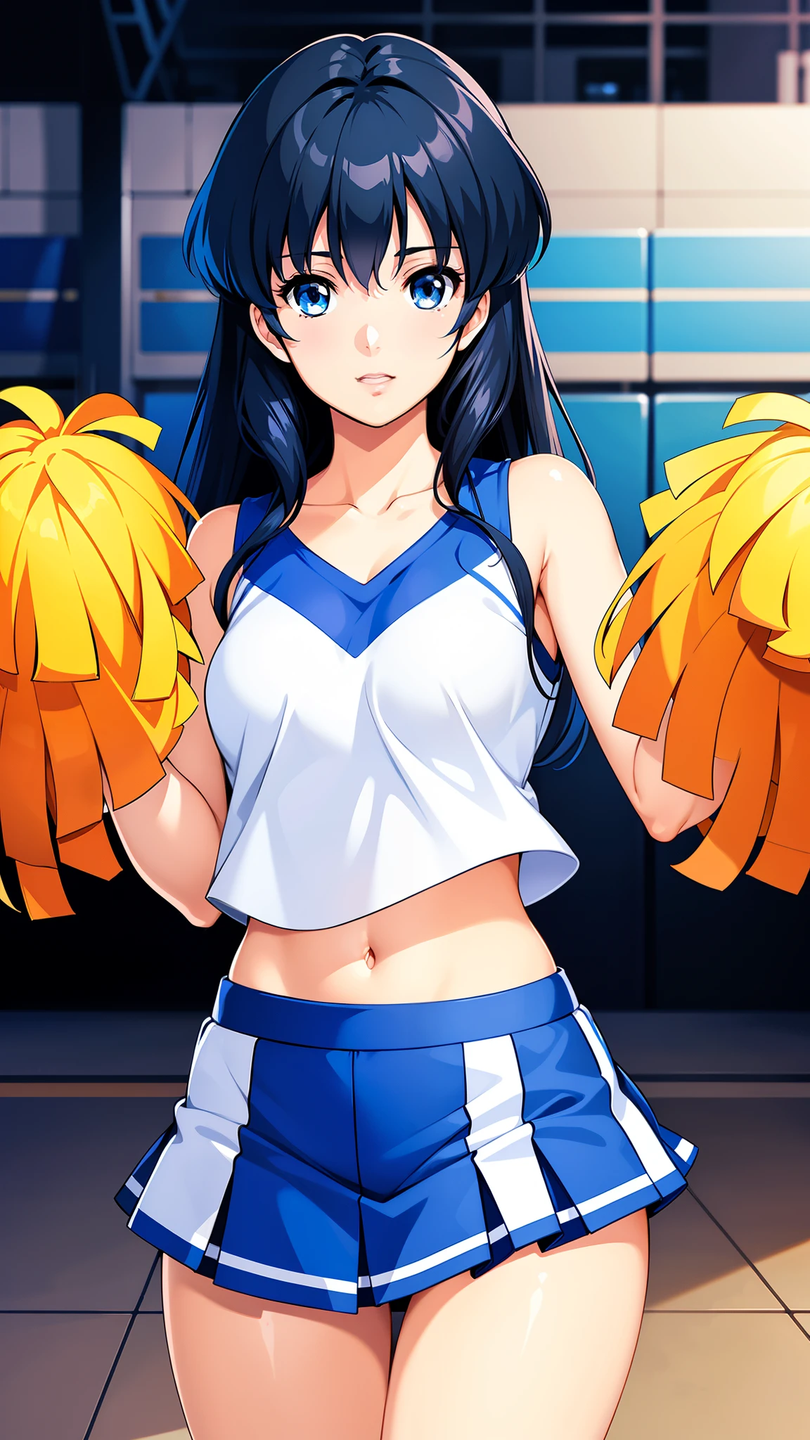 LynnMinmay, 1girl, solo, black hair, cowboy shot, ultra-detailed, best quality, masterpiece, illustration, game cg, (cheerleader), midriff, collarbone