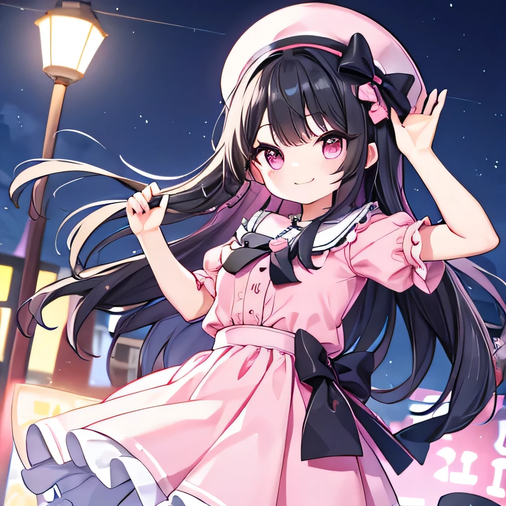 night、Black Hair、pink、smile、Twin tailini skirt、hat