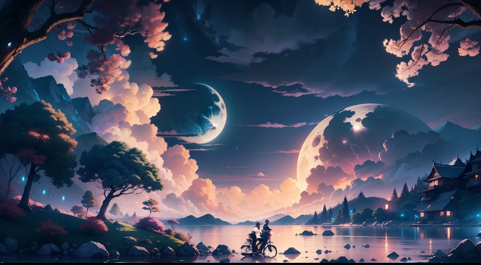 Night Scenery与一些亚洲人的房子, Vietnam, Vietnam, Hazan, Moon, Lake in the foreground, Calm Night, Green and Blue, Digital Illustration, Highly detailed digital art in 4K, Night Scenery, anime art wallpaper 4k, anime art wallpaper 4k, 4K Detailed Digital Art, Natural scenery at night, Anime Art Wallpapers 8K, Background artwork, Beautiful Art Ultra HD 4K, 4k HD illustration wallpaper