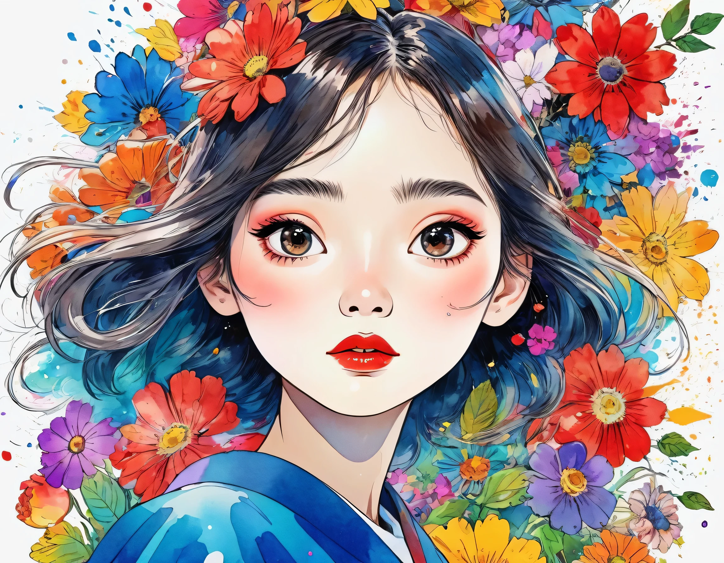 Hayao Miyazaki Style、(((stylish fashion))), 8K Quality、Intense watercolor, Detailed watercolor art, Watercolor splash, Surreal, avant-garde pop art, Beautiful and expressive paintings, Beautiful artwork illustration, Very colorful tones, wonderful, Cool beauty, highest quality、Official Art, Vector art, Stylish design, (((The most beautiful girl))), (((highest quality))), HDR, ((detailed)), (((Doodle Art)), ((masterpiece)), ((Super detailed)), (((Colorful flowers))), (((Stylish))), Lips in Love