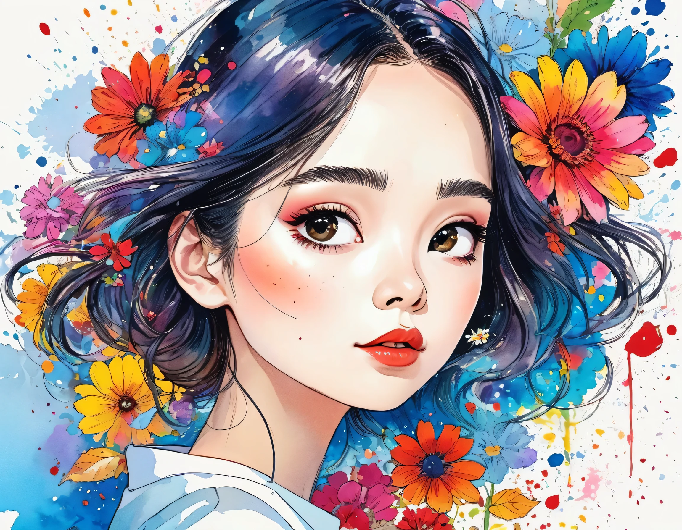 Hayao Miyazaki Style、(((stylish fashion))), 8K Quality、Intense watercolor, Detailed watercolor art, Watercolor splash, Surreal, avant-garde pop art, Beautiful and expressive paintings, Beautiful artwork illustration, Very colorful tones, wonderful, Cool beauty, highest quality、Official Art, Vector art, Stylish design, (((The most beautiful girl))), (((highest quality))), HDR, ((detailed)), (((Doodle Art)), ((masterpiece)), ((Super detailed)), (((Colorful flowers))), (((Stylish))), Lips in Love