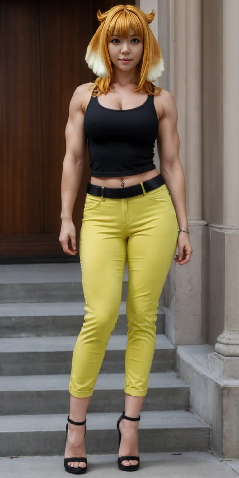 masterpiece, burly woman, exaggerated large muscles, skinny pants, high-heels, standing on your feet, beautiful attractive face, full body like, single female, very fair skin, thin waist, very broad shoulders, Strong and powerful arms, stout arms, strong and powerful leg muscles, looking to the camera, dog ears, fluffy dog ears
