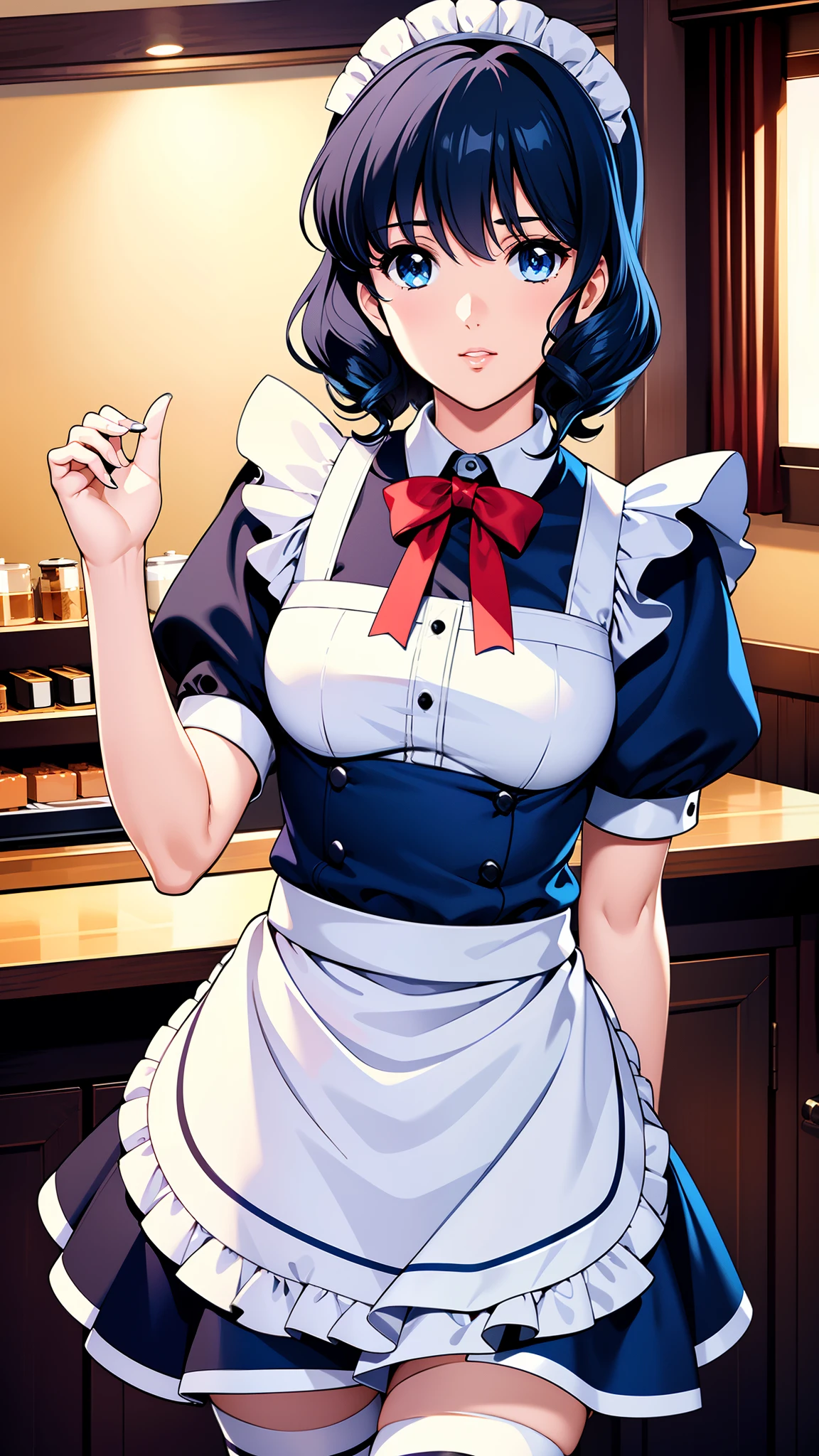 LynnMinmay, 1girl, solo, black hair, cowboy shot, ultra-detailed, best quality, masterpiece, illustration, game cg, (maid), short puffy sleeves, small maid apron, thigh highs