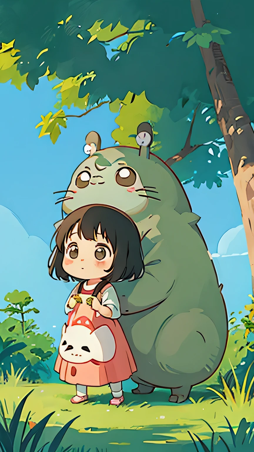 Hayao Miyazaki style, Kawaii Design, The most beautiful girl of all time、Chibi, hug、TOTORO
