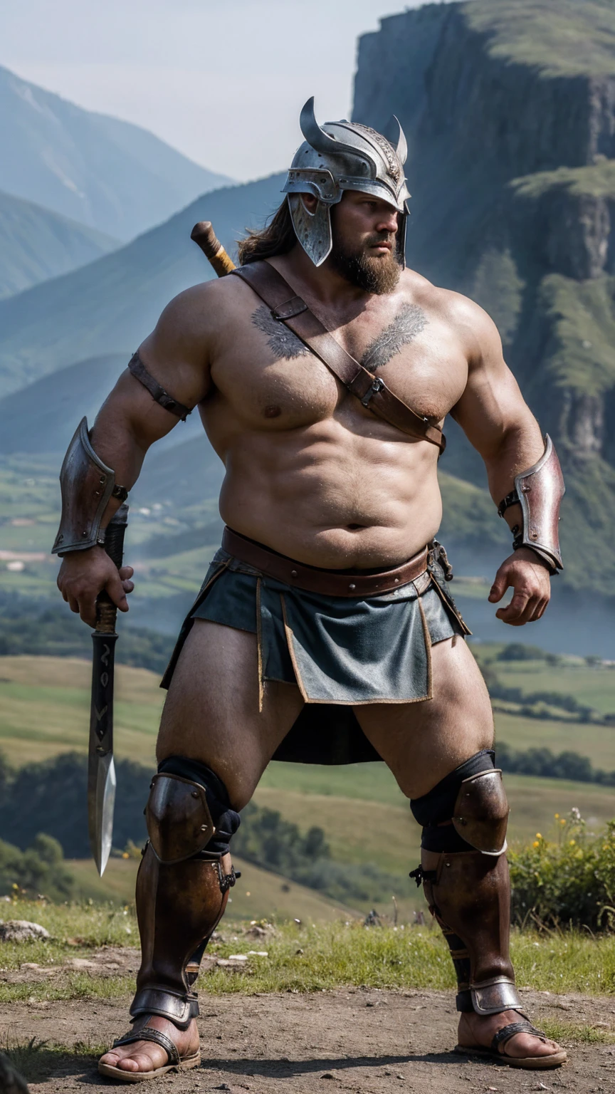 looking at me, face focus, a fat gentle barbarian, mid combat, intense battle scene, leather armor, viking helmet, armored short skirt, holding a double edged ancient legendary axe, legs exposed from thighs to feet, fierce, battleground background, Standout features include a prominent nose and thick eyebrows, masterpiece, volumetric lighting, Dramatic, Uighur the Warden, ((ultra sharp)), ((masterpiece)), ((best quality)), ((ultra detailed)), ((intricate details)), Inguinal region detailed, Dilapidated, 