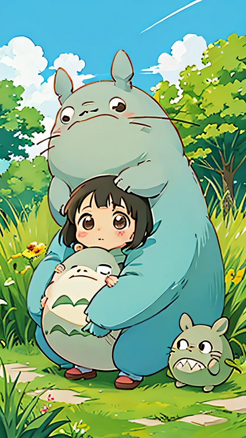 Hayao Miyazaki style, Kawaii Design, The most beautiful girl of all time、Chibi, hug、TOTORO