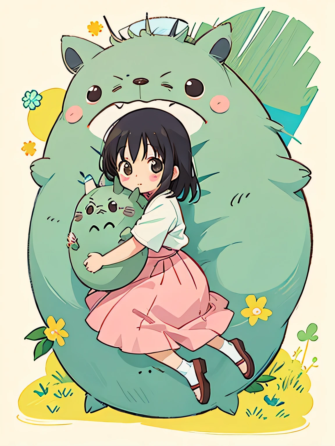 watase Seizo style, Kawaii Design, The most beautiful girl of all time、Chibi, Hug Totoro