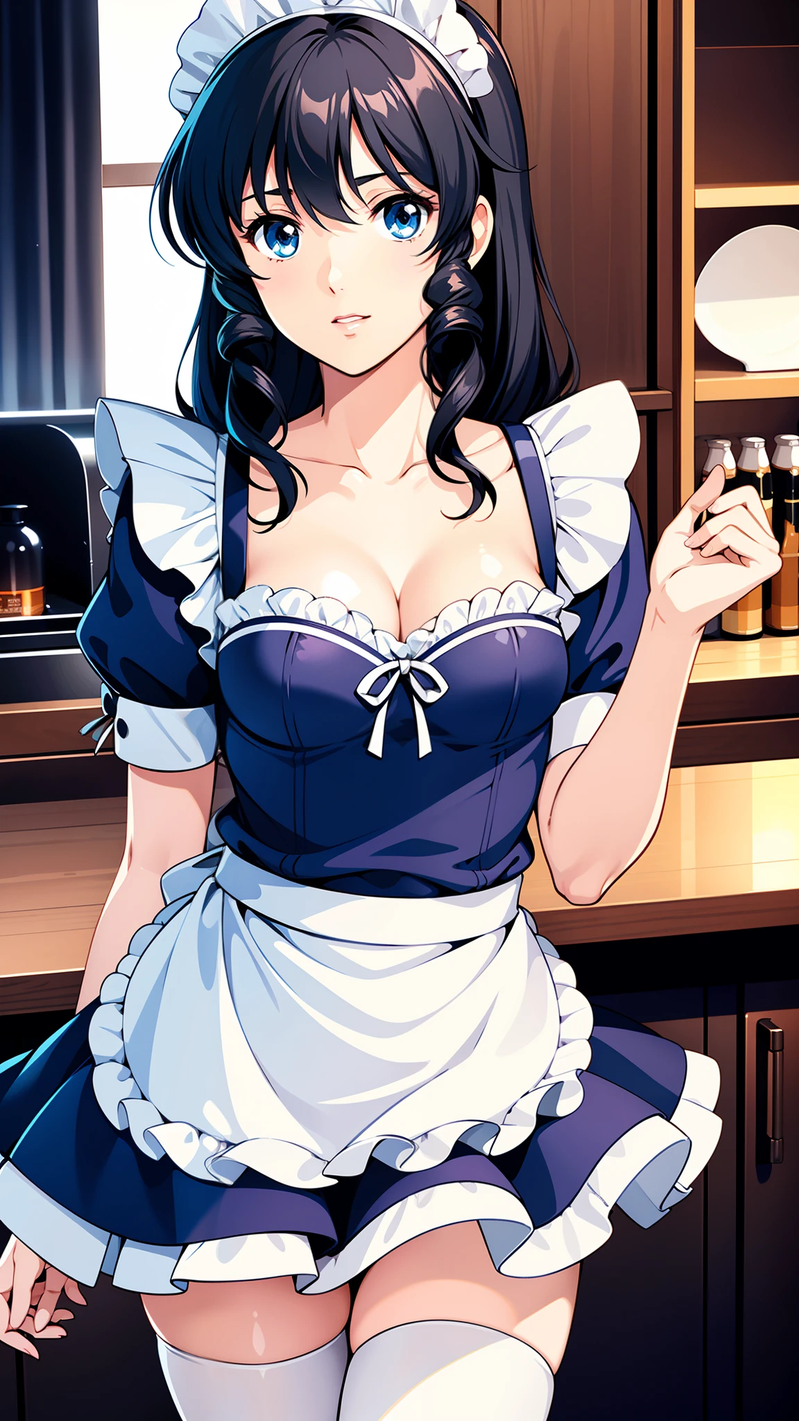 LynnMinmay, 1girl, solo, black hair, cowboy shot, ultra-detailed, best quality, masterpiece, illustration, game cg, (maid), short puffy sleeves, small maid apron, thigh highs, collarbone, cleavage