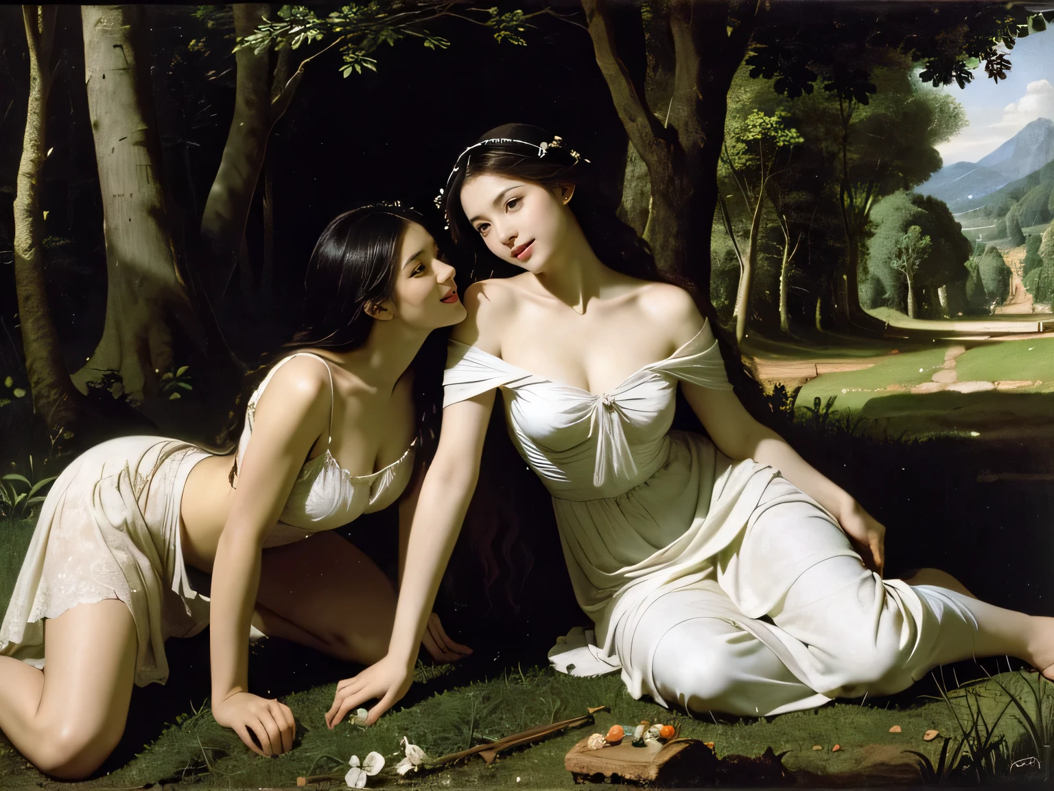 Giorgione painting style,Barbizon forest A beautiful woman in Greek dress smiles on the shore,Sweet and seductive appearance.、Caravaggio's paintings、Chiaroscuro of Caravaggio、hair tousled by the wind,Two women frolicking,cute smile, expression of ecstasy,Sexy,erotic, full body portrait