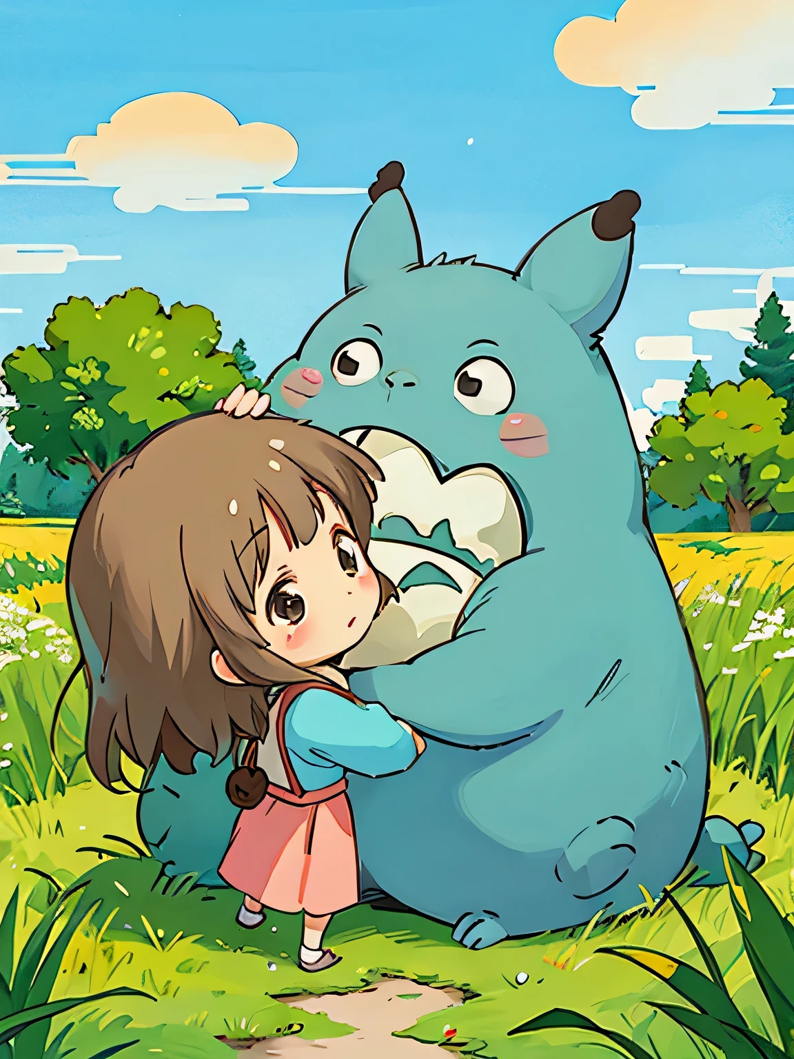 Hayao Miyazaki style, Kawaii Design, The most beautiful girl of all time、Chibi, Get a hug from Totoro