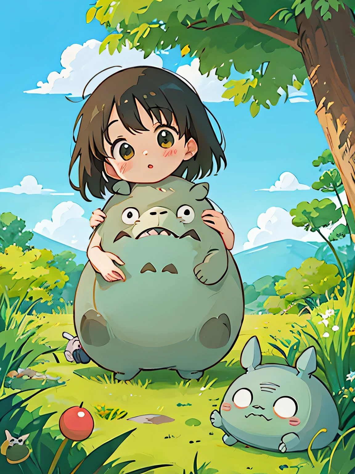 Hayao Miyazaki style, Kawaii Design, The most beautiful girl of all time、Chibi, Get a hug from Totoro